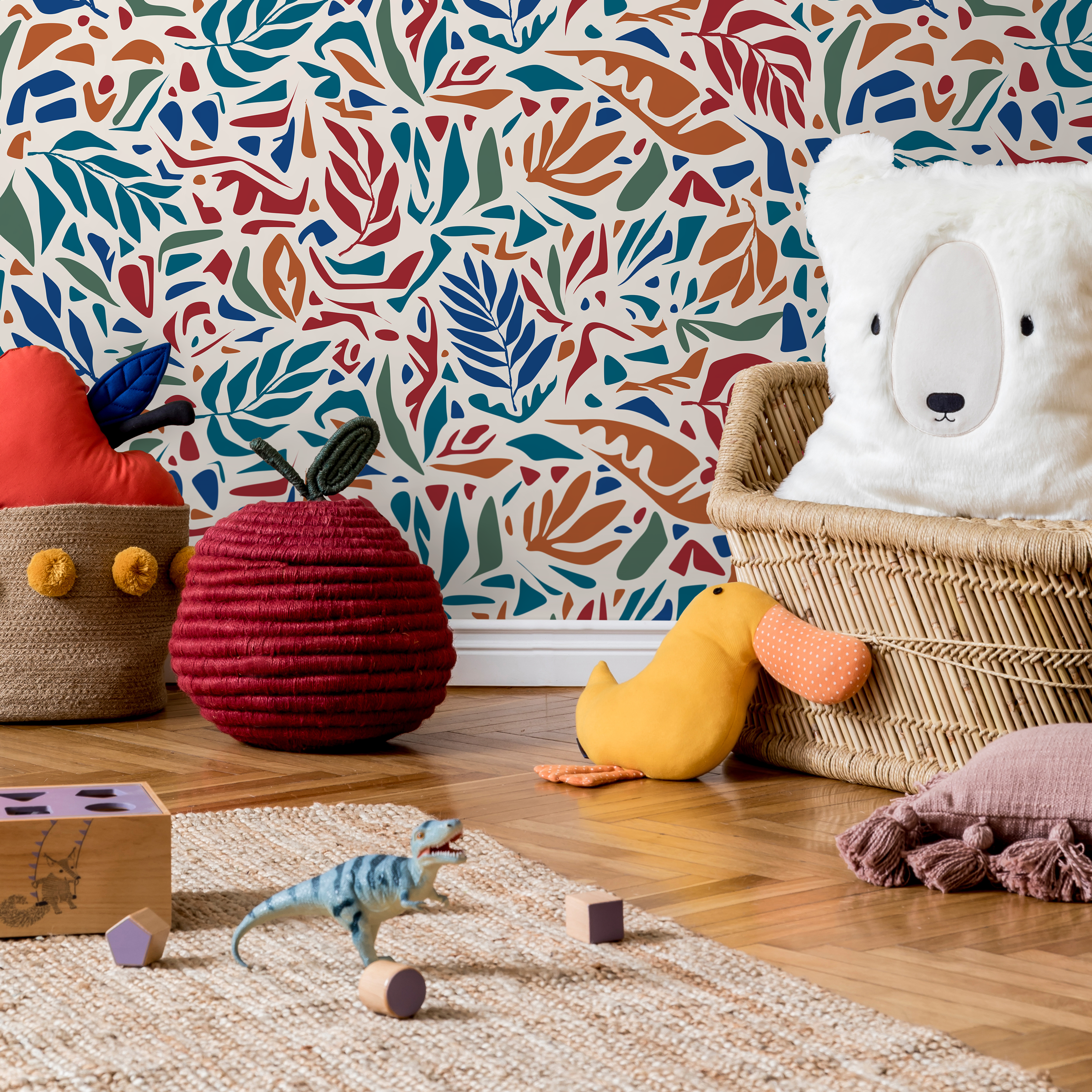 Abstract Wallpaper With Stylized Leaf Cutouts In Red, Blue, And Orange - D721