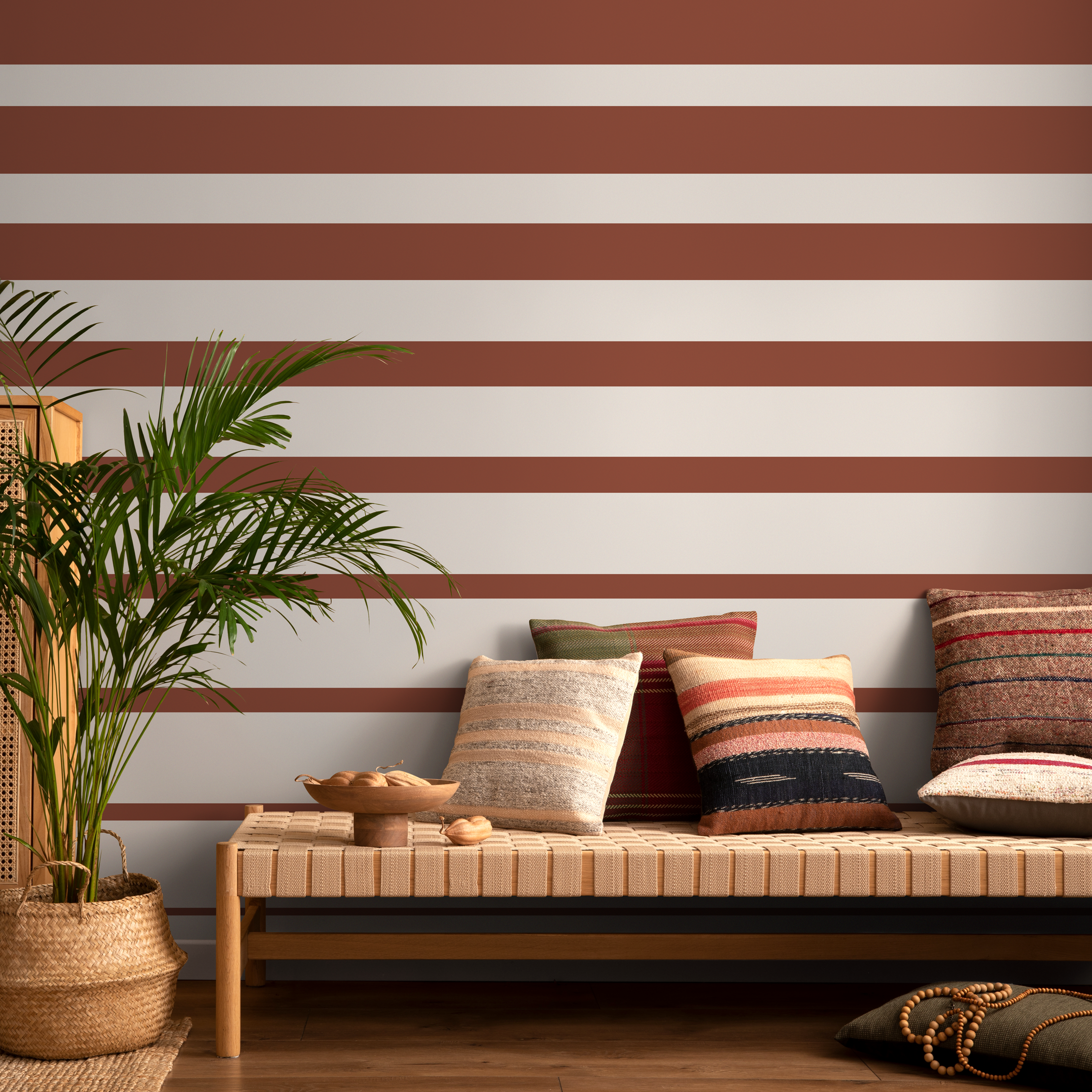 Striped Wallpaper With A Bold Horizontal Motif In Terracotta And Cream - D728