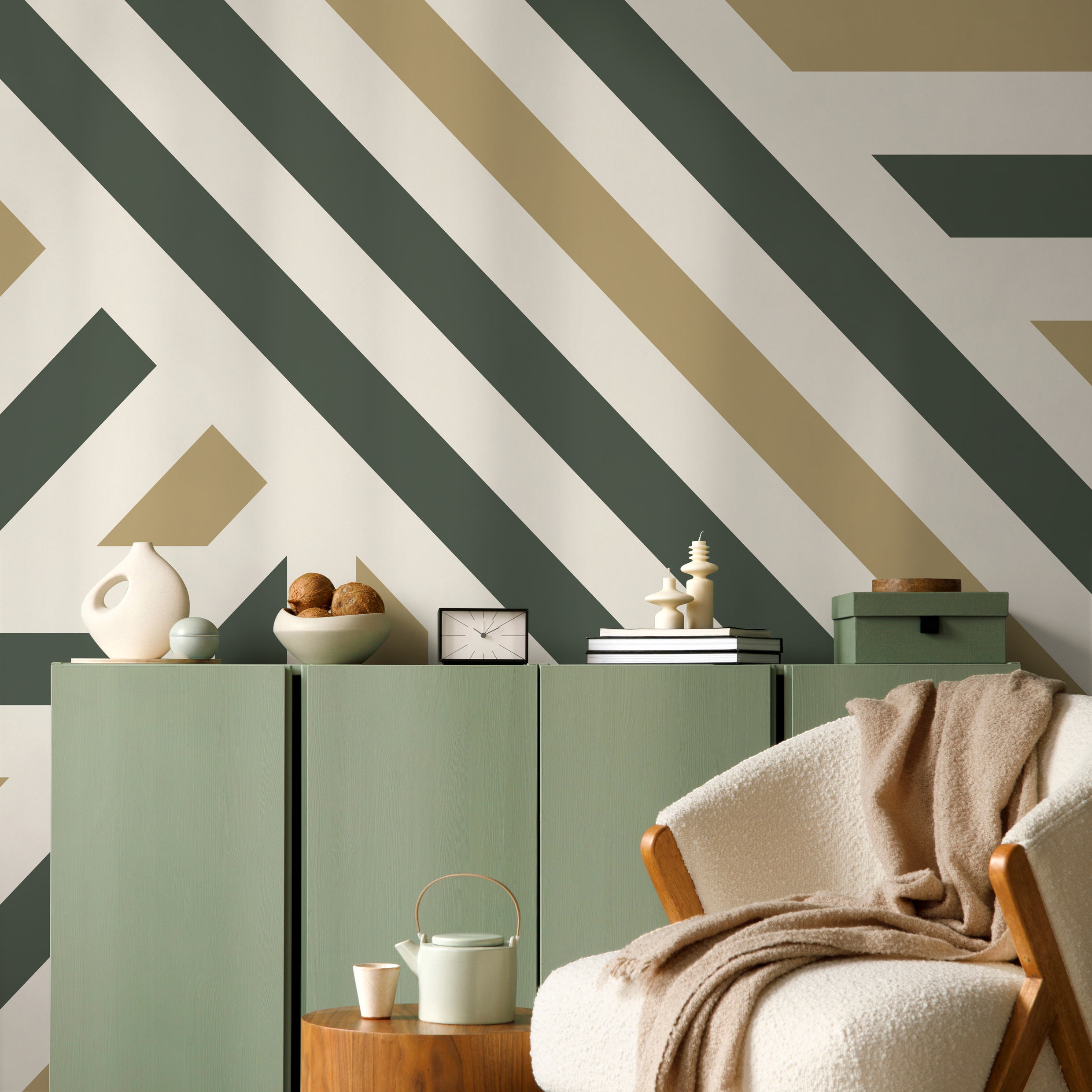 Geometric Wallpaper With Bold Diagonal Stripes In Green And Beige - D732