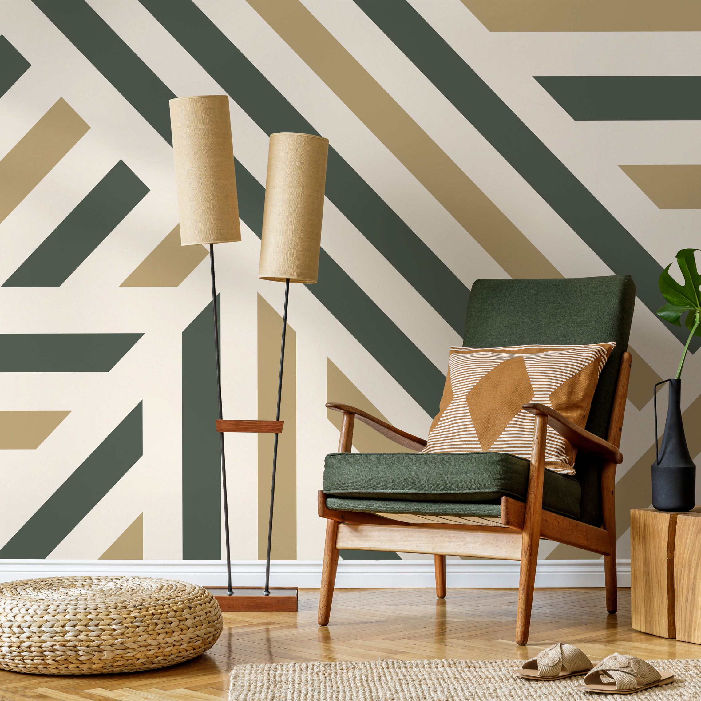 Geometric Wallpaper With Bold Diagonal Stripes In Green And Beige - D732