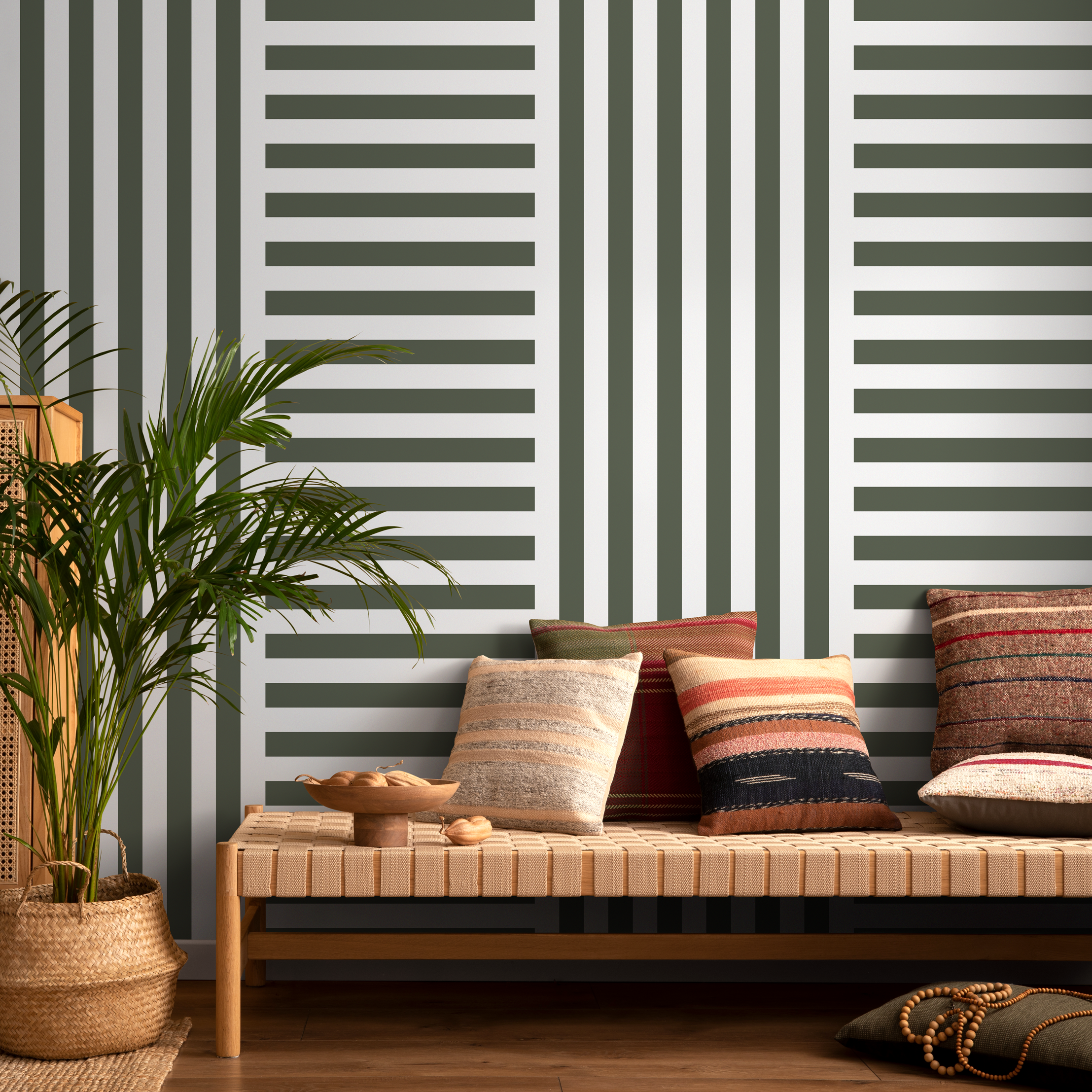 Geometric Wallpaper With Alternating Block Stripes In Olive Green - D735