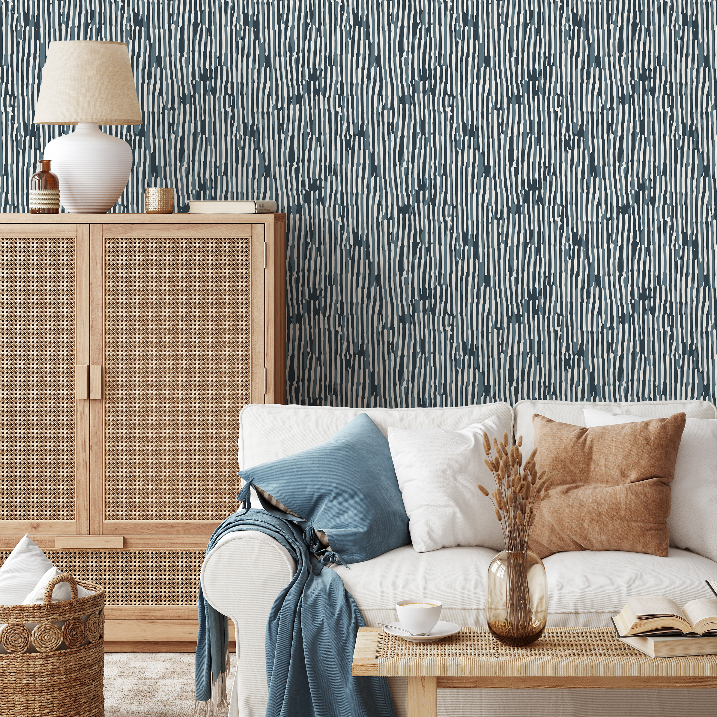 Abstract Wallpaper With An Organic Stripe Motif In Blue, Teal, And Cream - D744