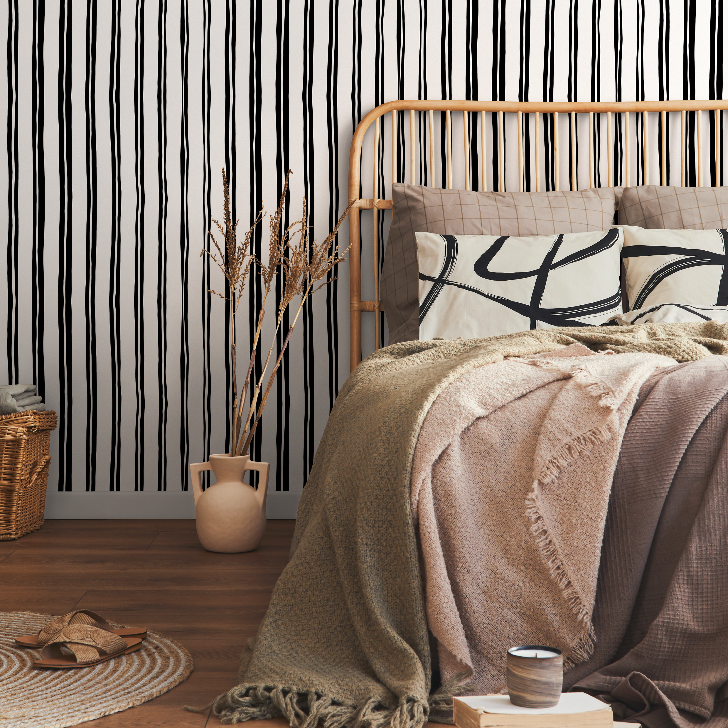 Striped Wallpaper With Wavy Vertical Lines In Black And White - D762