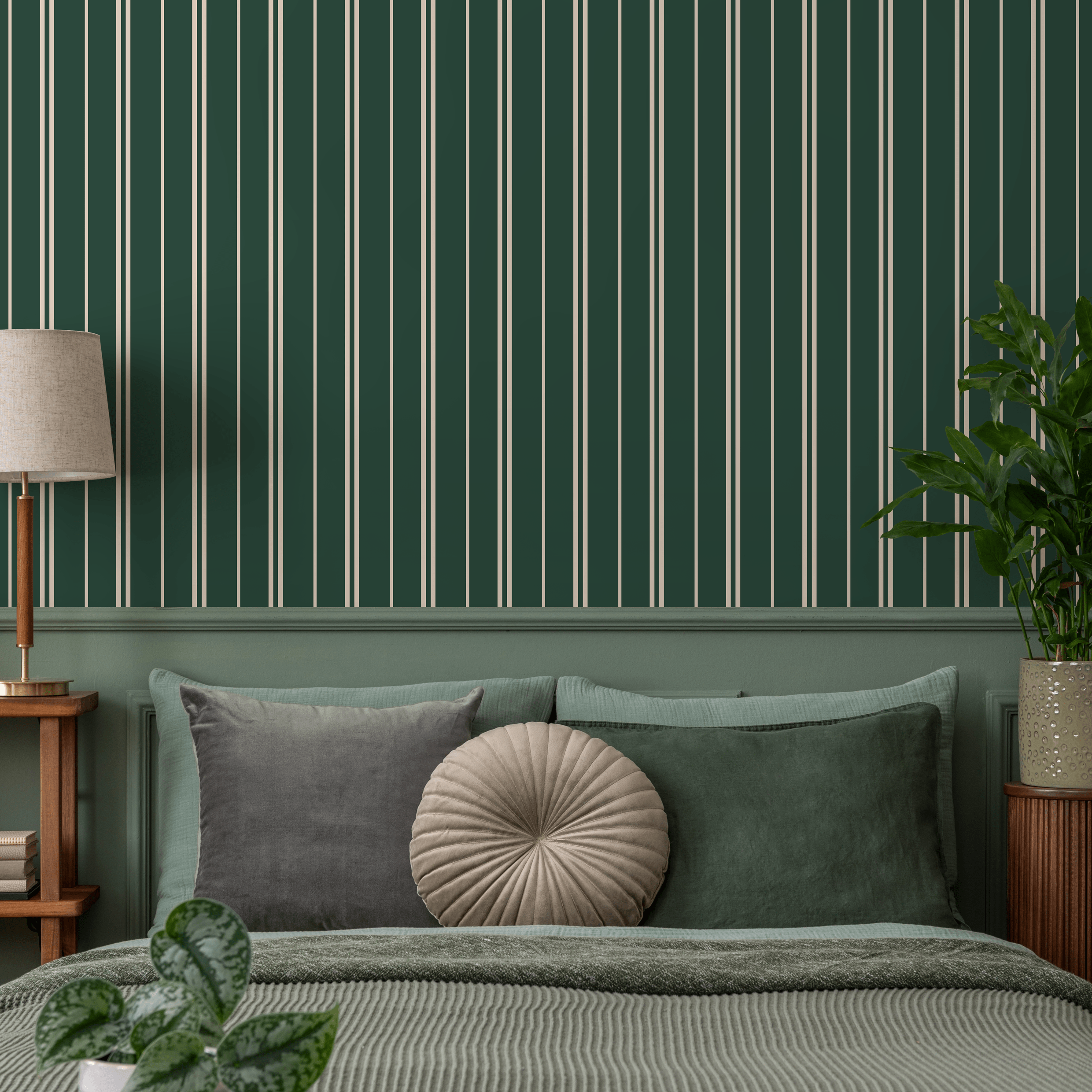 Striped Wallpaper With Thin Vertical Lines In Dark Green And Cream - D769