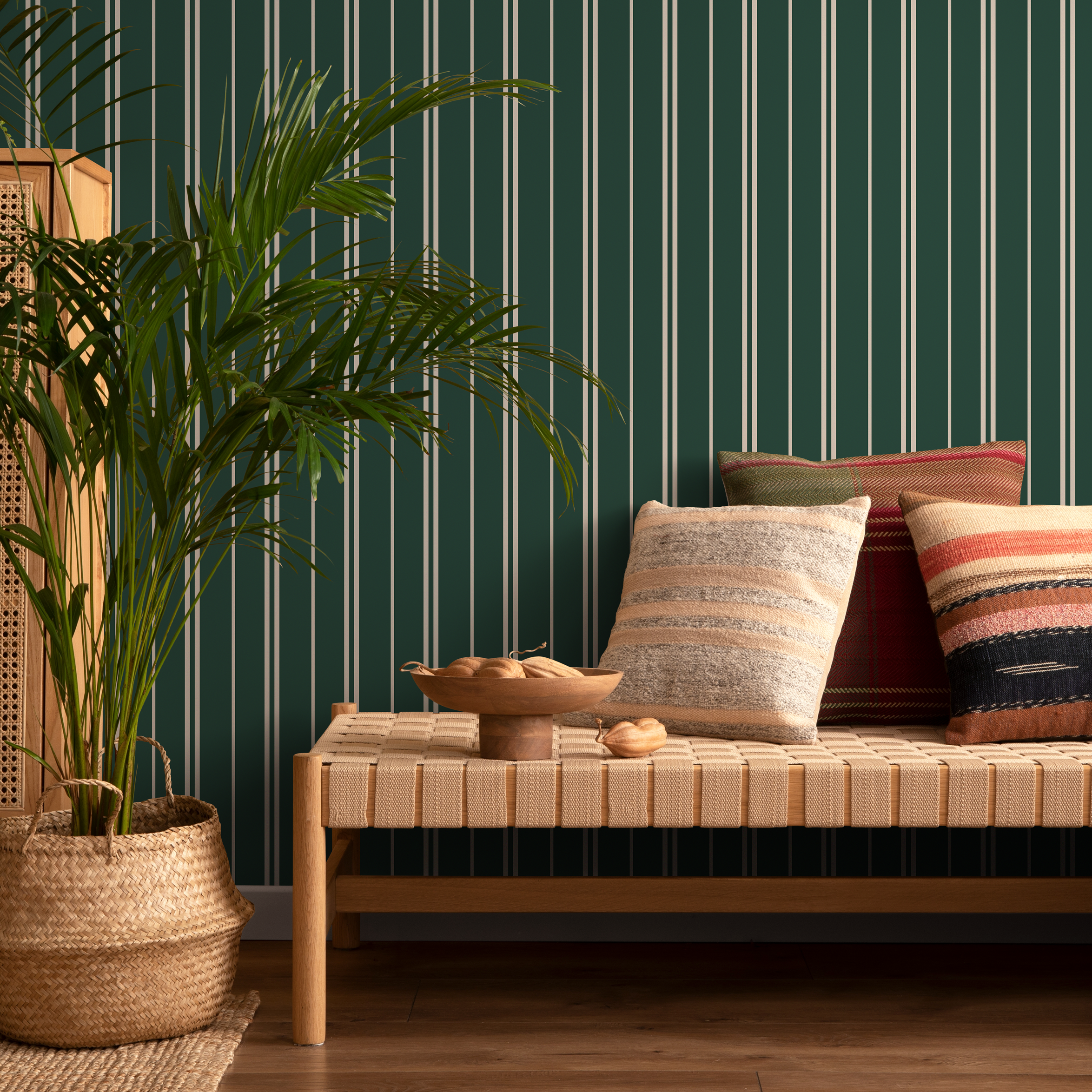 Striped Wallpaper With Thin Vertical Lines In Dark Green And Cream - D769
