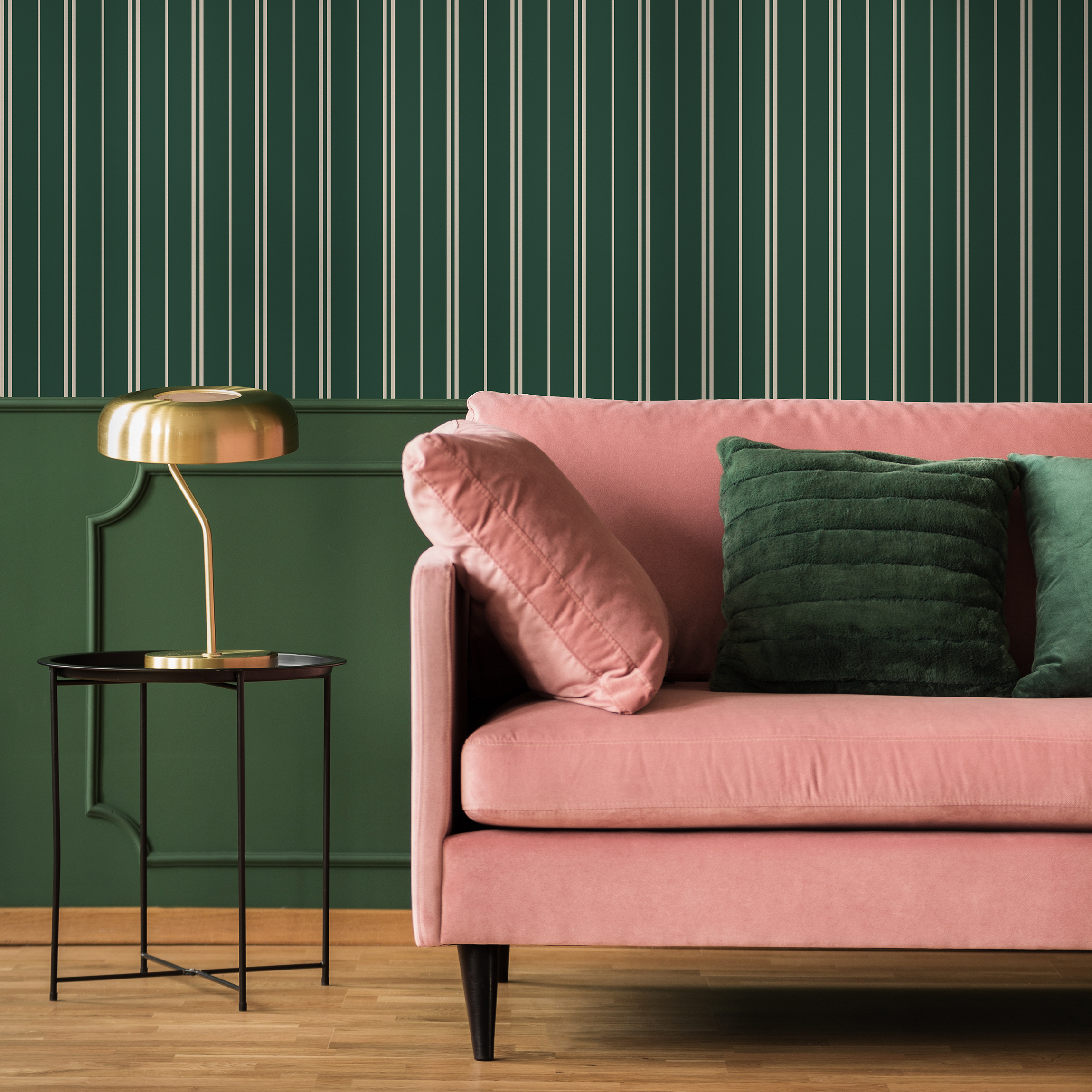 Striped Wallpaper With Thin Vertical Lines In Dark Green And Cream - D769