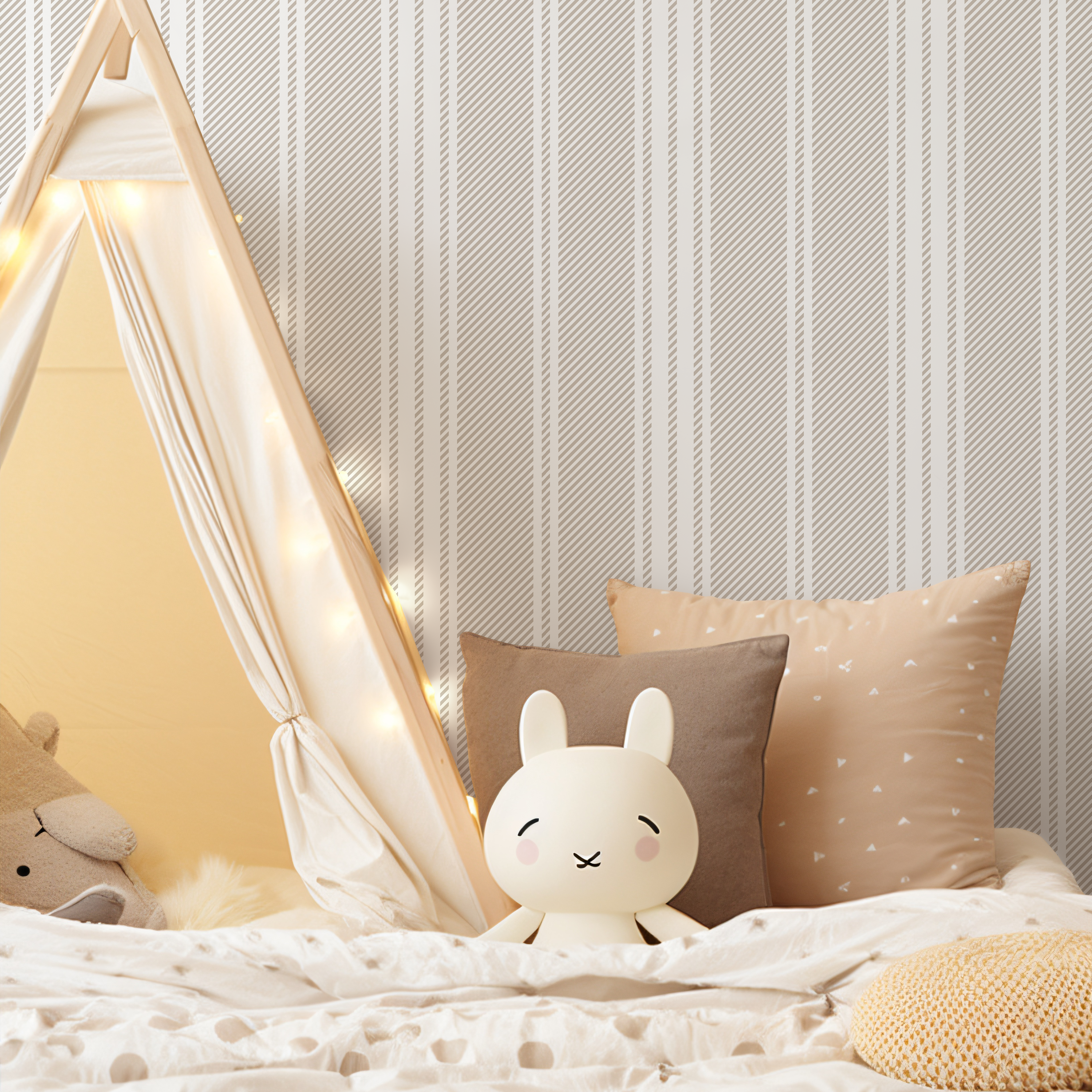 Striped Wallpaper With Textured Diagonal Lines In Beige And Cream - D782