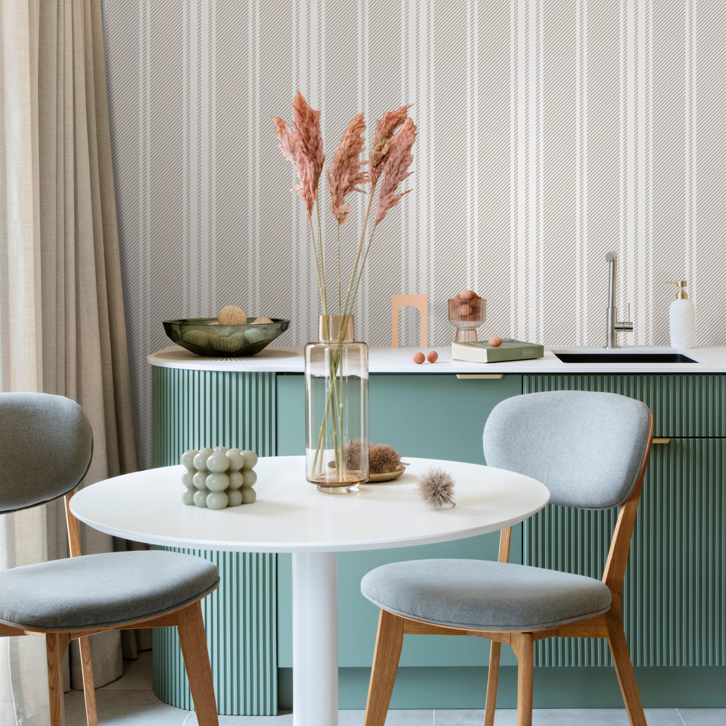 Striped Wallpaper With Textured Diagonal Lines In Beige And Cream - D782