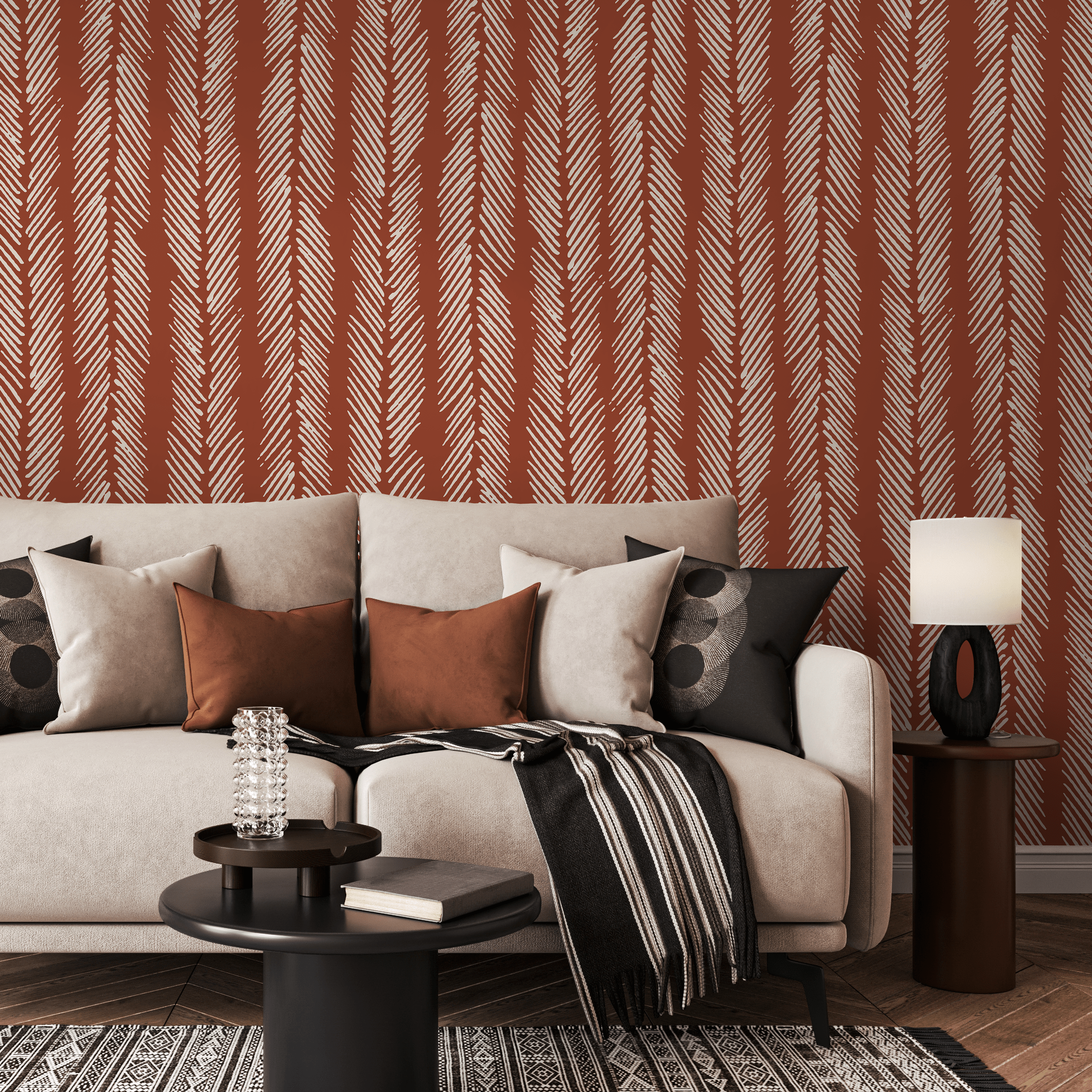 Herringbone Wallpaper With A Rustic Hand-drawn Motif In Terracotta And Off-white - D791
