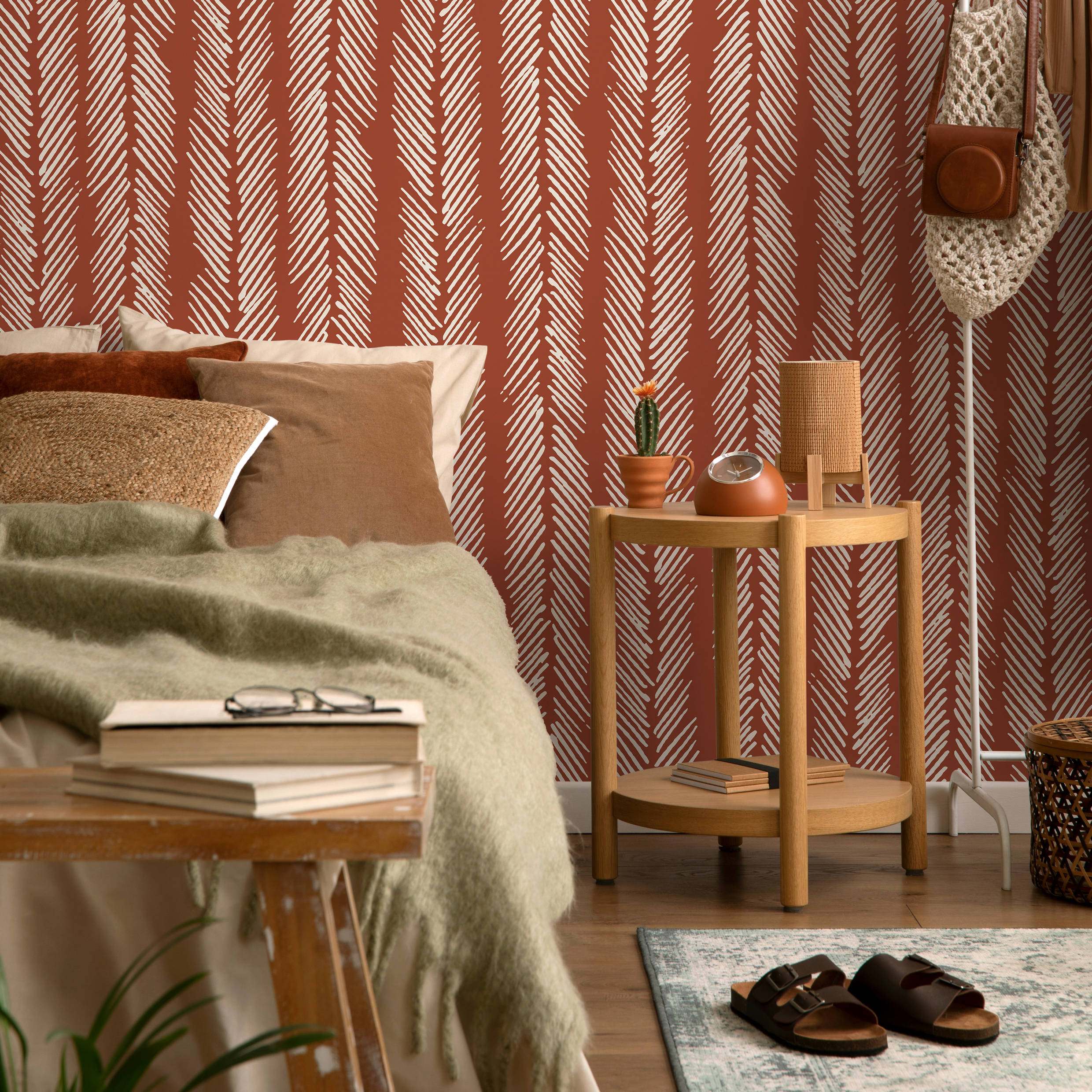 Herringbone Wallpaper With A Rustic Hand-drawn Motif In Terracotta And Off-white - D791