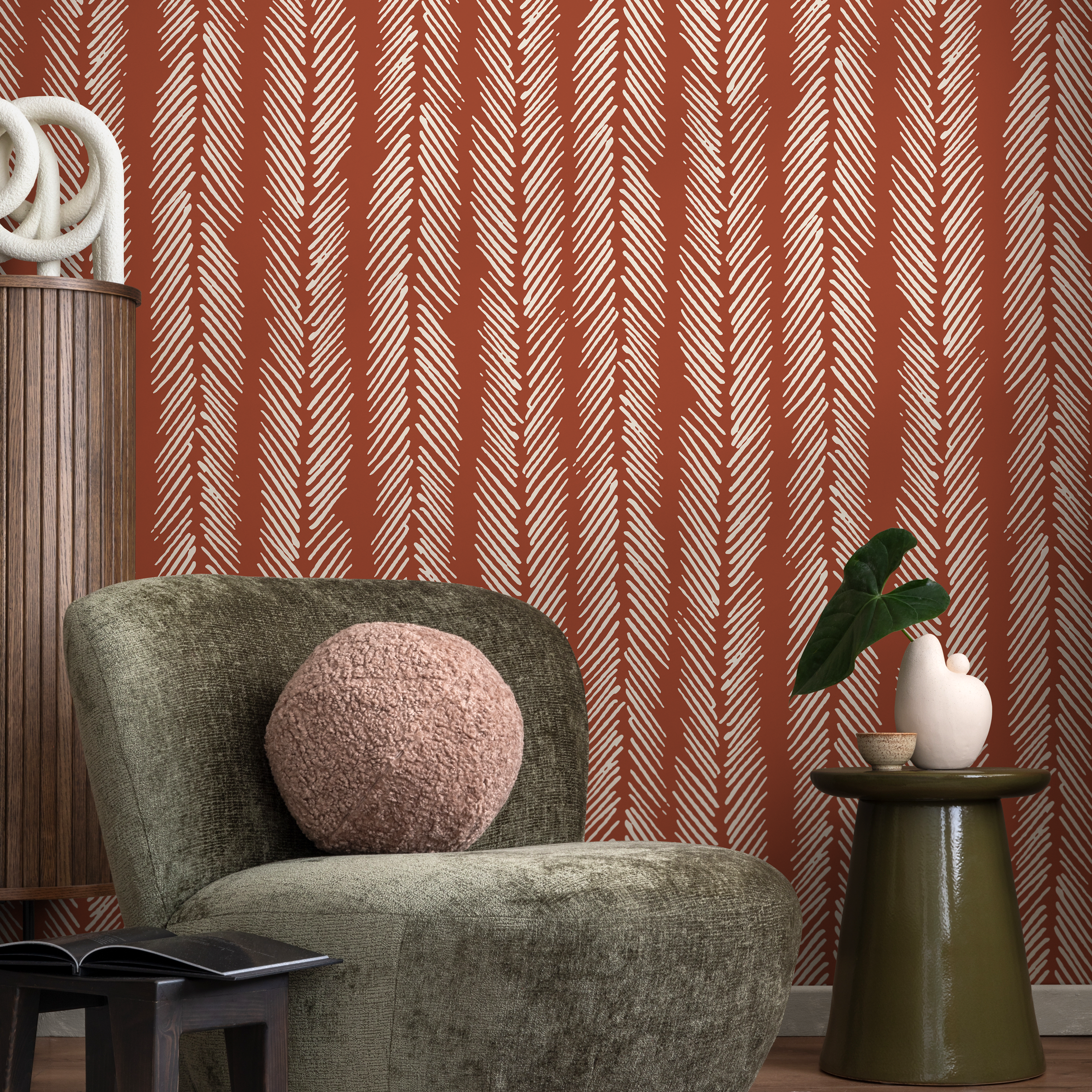 Herringbone Wallpaper With A Rustic Hand-drawn Motif In Terracotta And Off-white - D791
