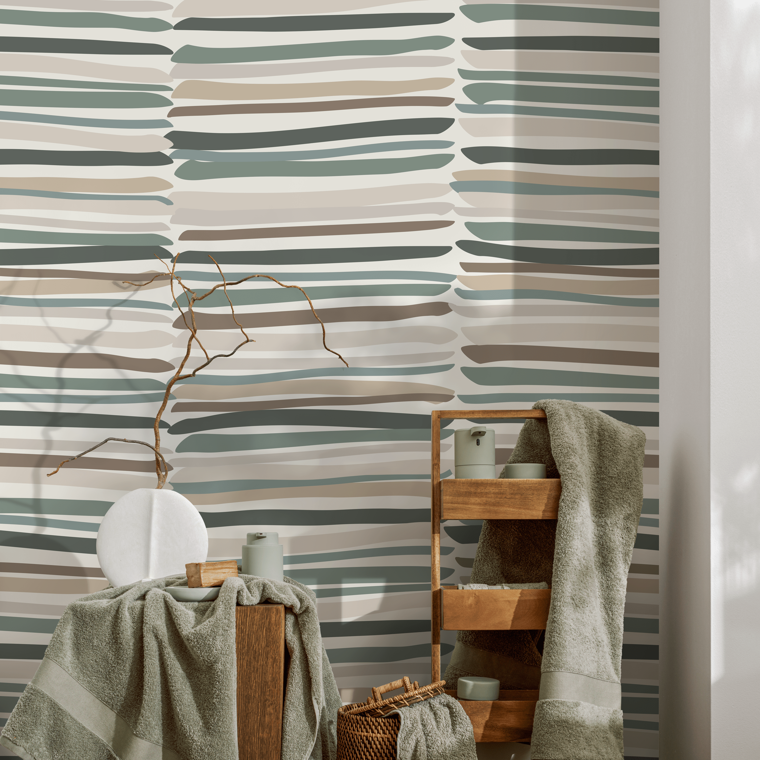 Striped Wallpaper With Organic Brushstrokes In Green, Brown, And Gray - D794