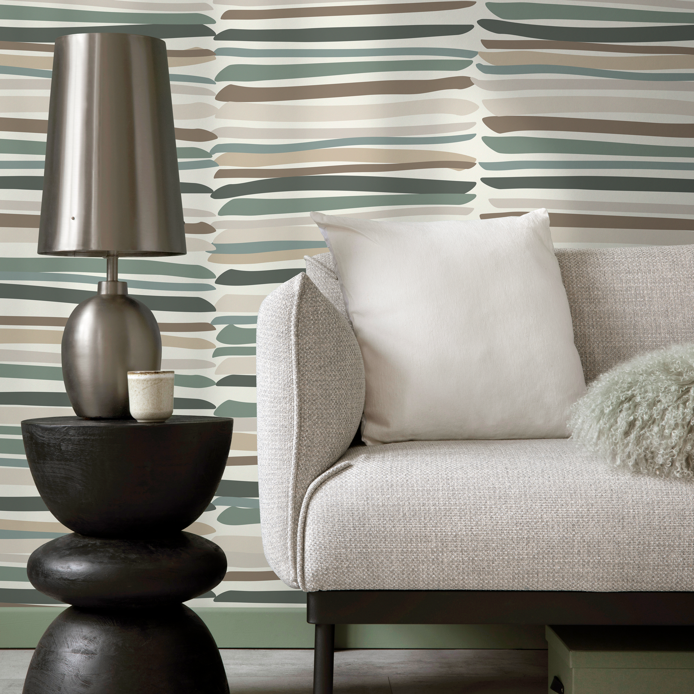 Striped Wallpaper With Organic Brushstrokes In Green, Brown, And Gray - D794