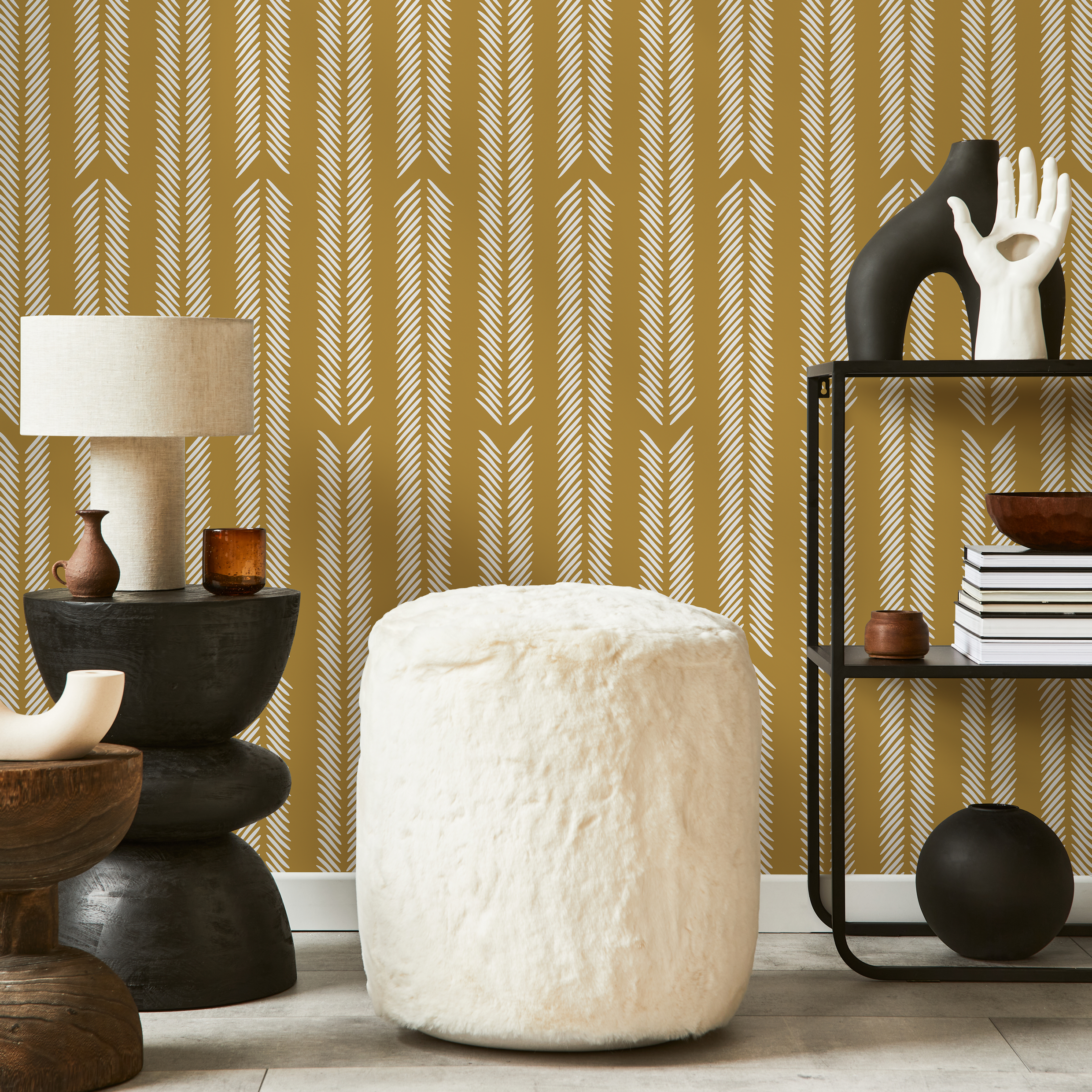 Herringbone Wallpaper With A Minimalist Arrow Motif In Mustard And Cream - D801