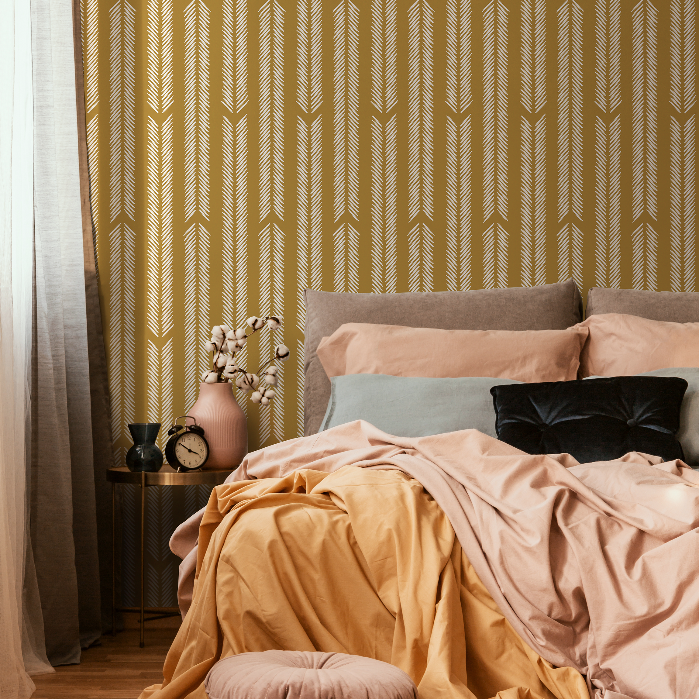 Herringbone Wallpaper With A Minimalist Arrow Motif In Mustard And Cream - D801