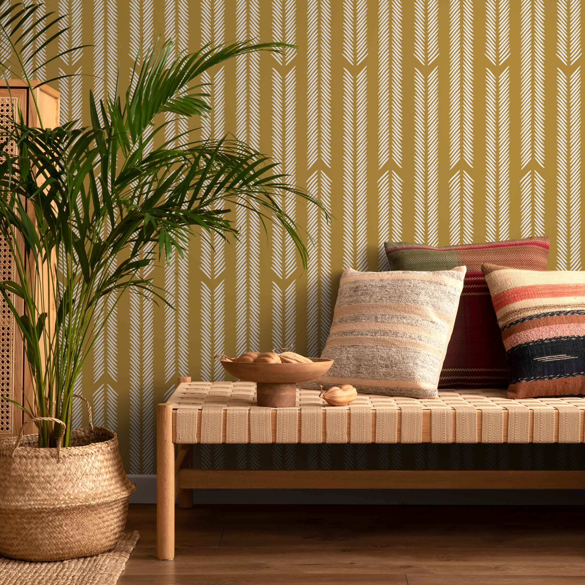 Herringbone Wallpaper With A Minimalist Arrow Motif In Mustard And Cream - D801