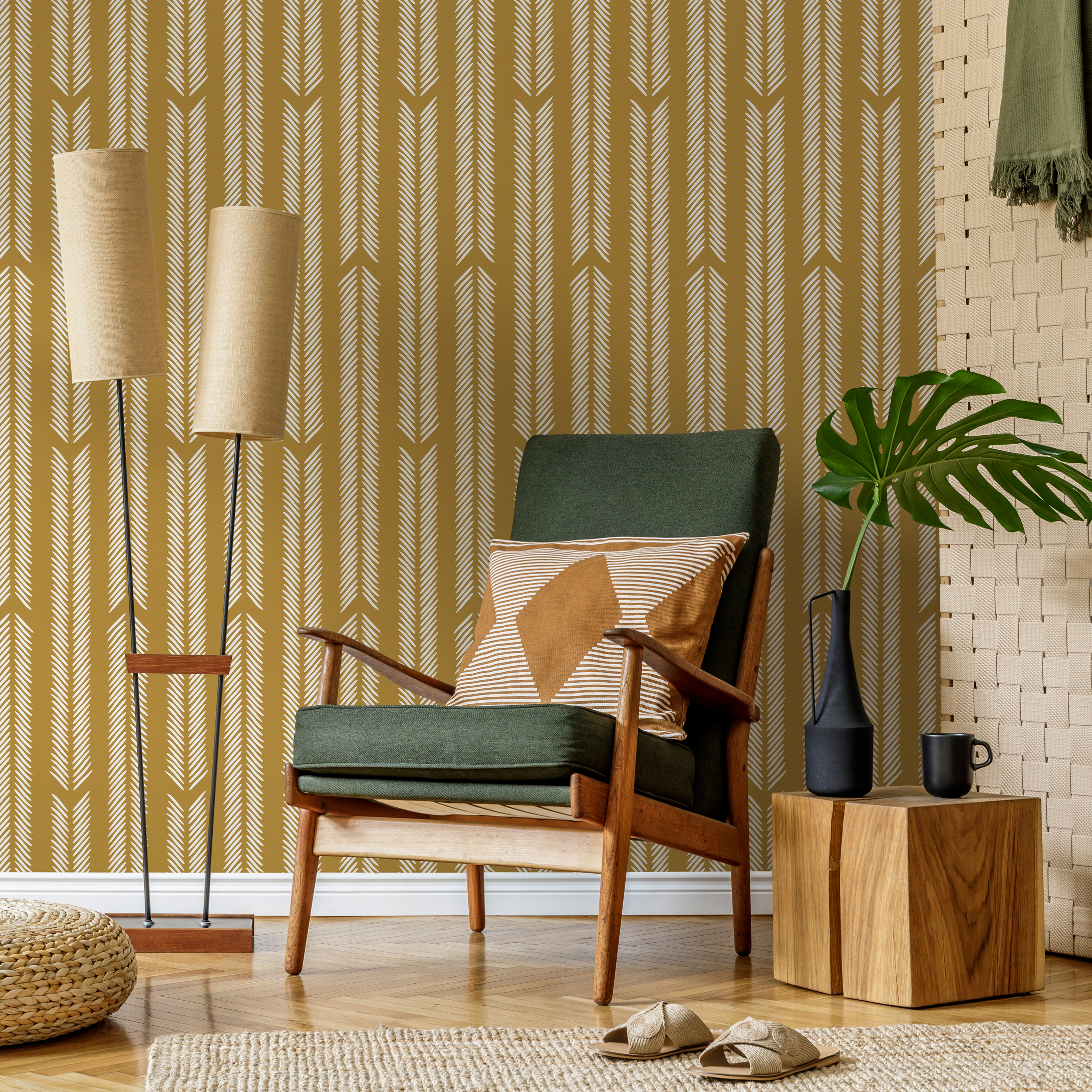 Herringbone Wallpaper With A Minimalist Arrow Motif In Mustard And Cream - D801