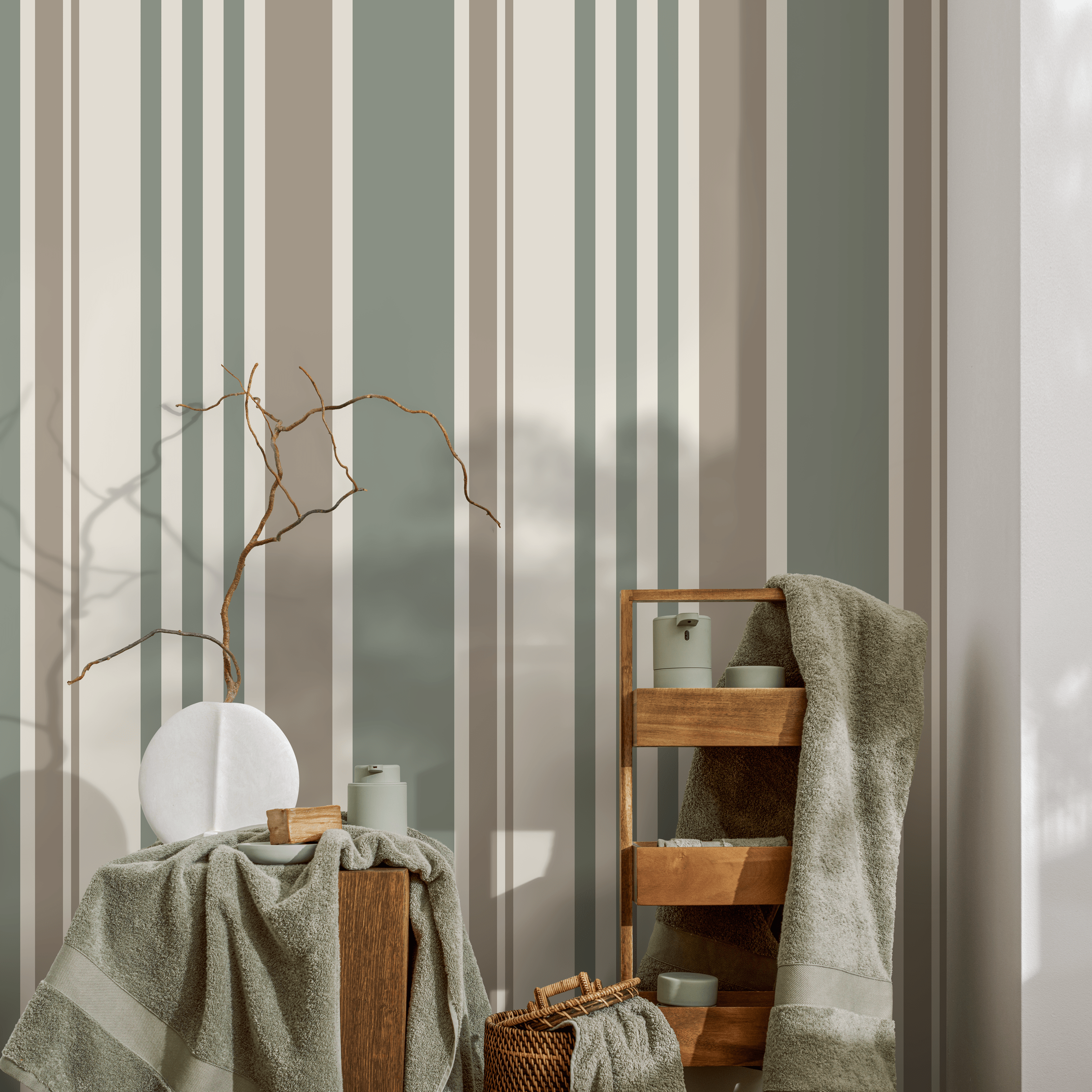 Striped Wallpaper With Vertical Lines In Green, Grey, And Cream - D808