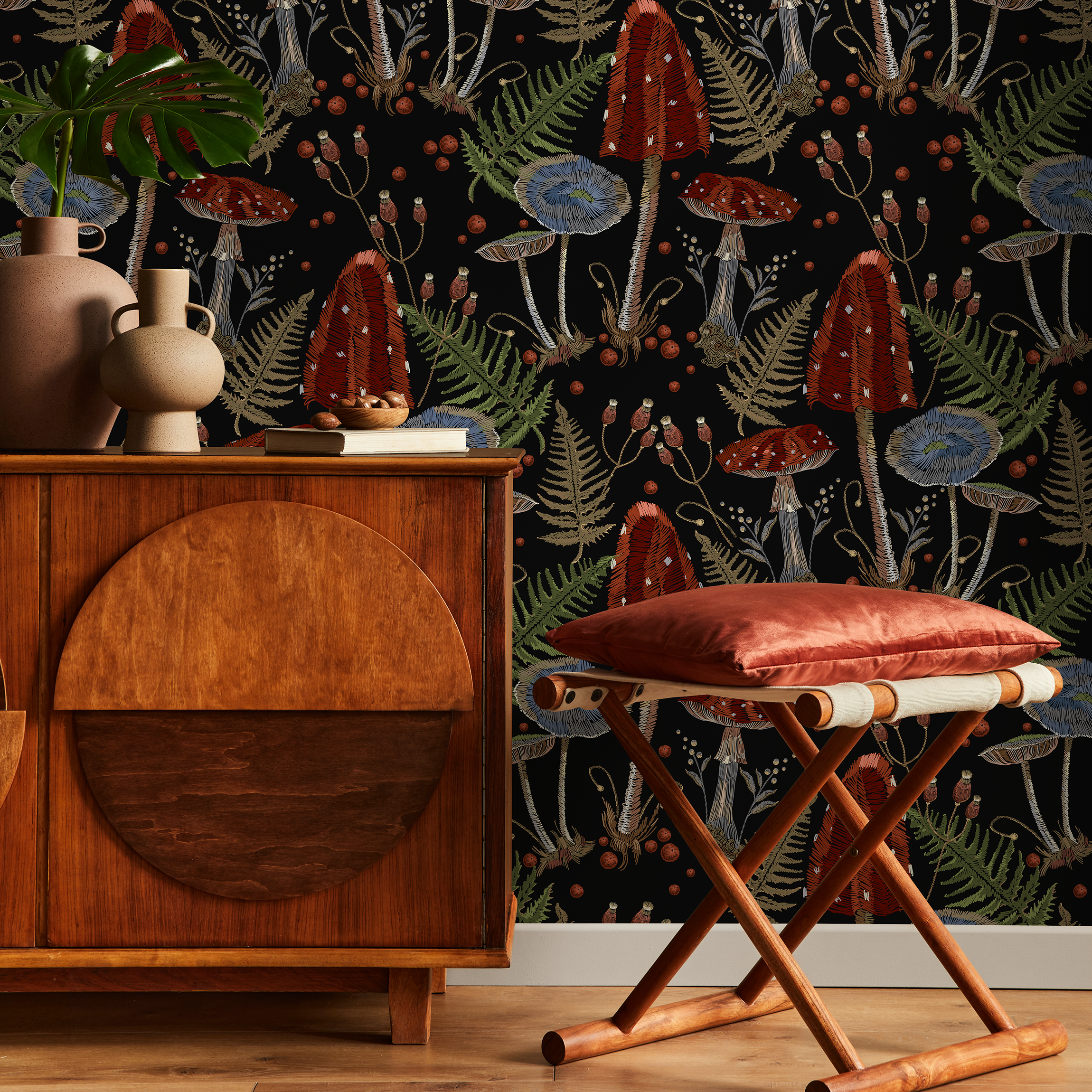 Mushroom Wallpaper Featuring Red And Blue Toadstools In Black And Green - D813