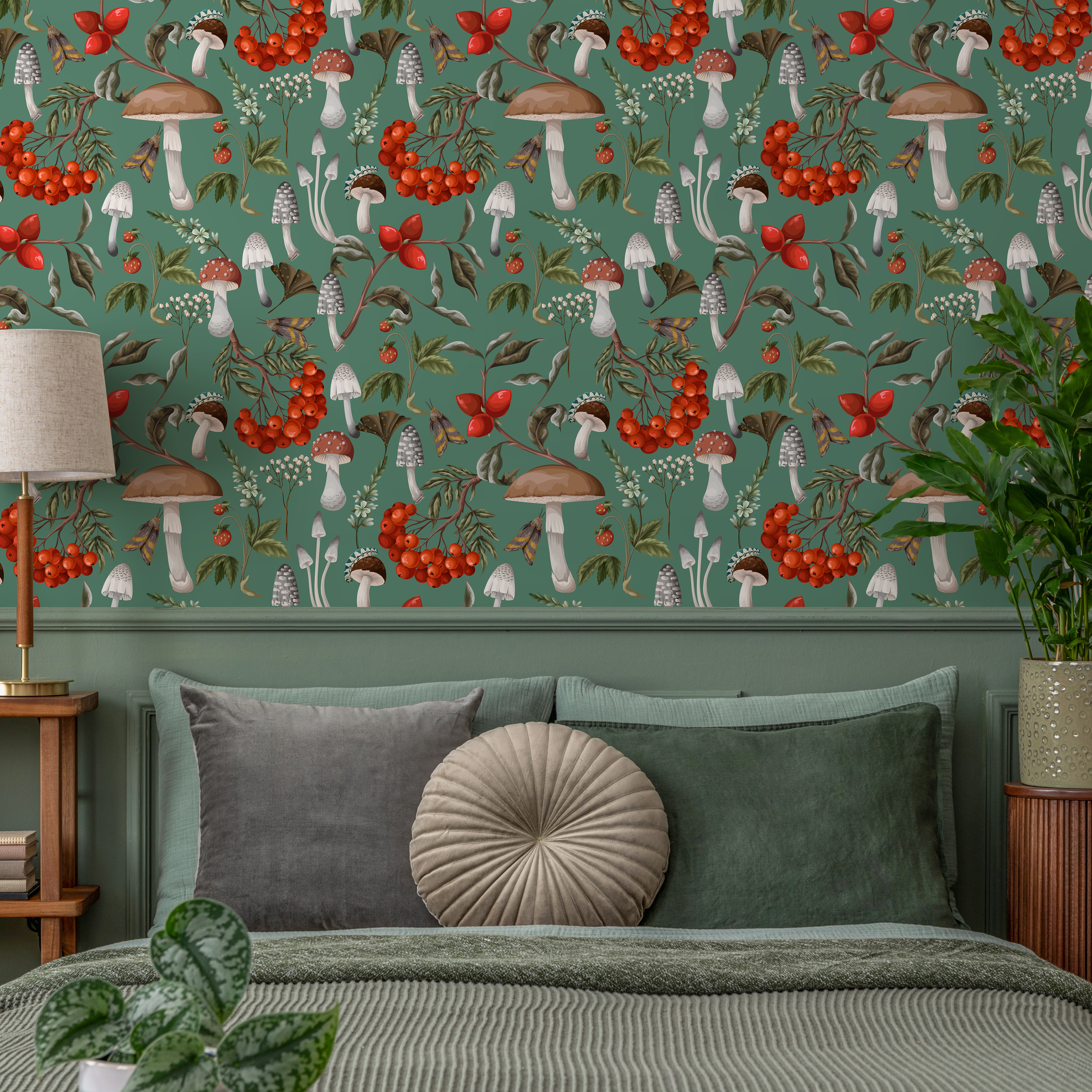 Botanical Wallpaper With Mushrooms And Berries In Green, Red, And Brown - D818