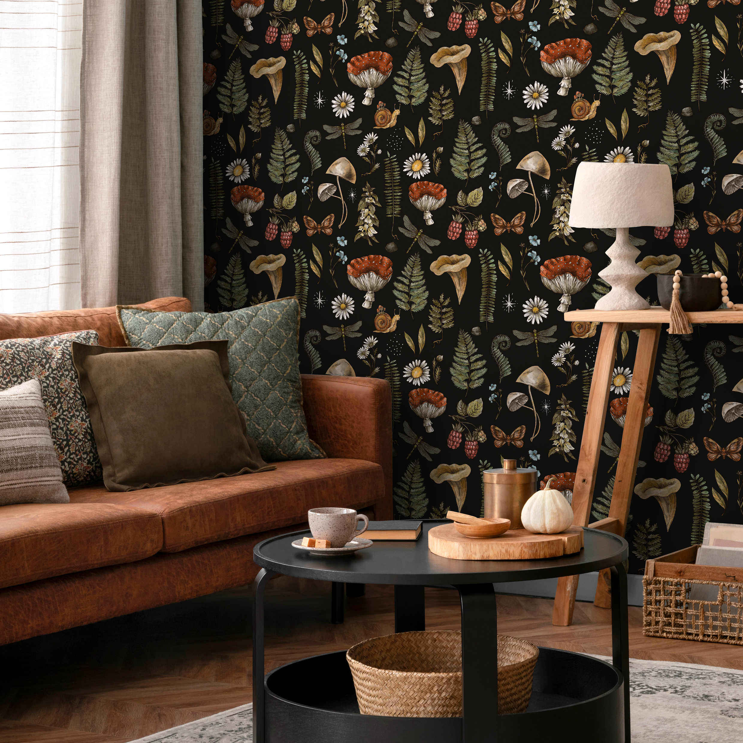Mushroom Wallpaper With Woodland Botanicals In Black, Brown, And Green - D821
