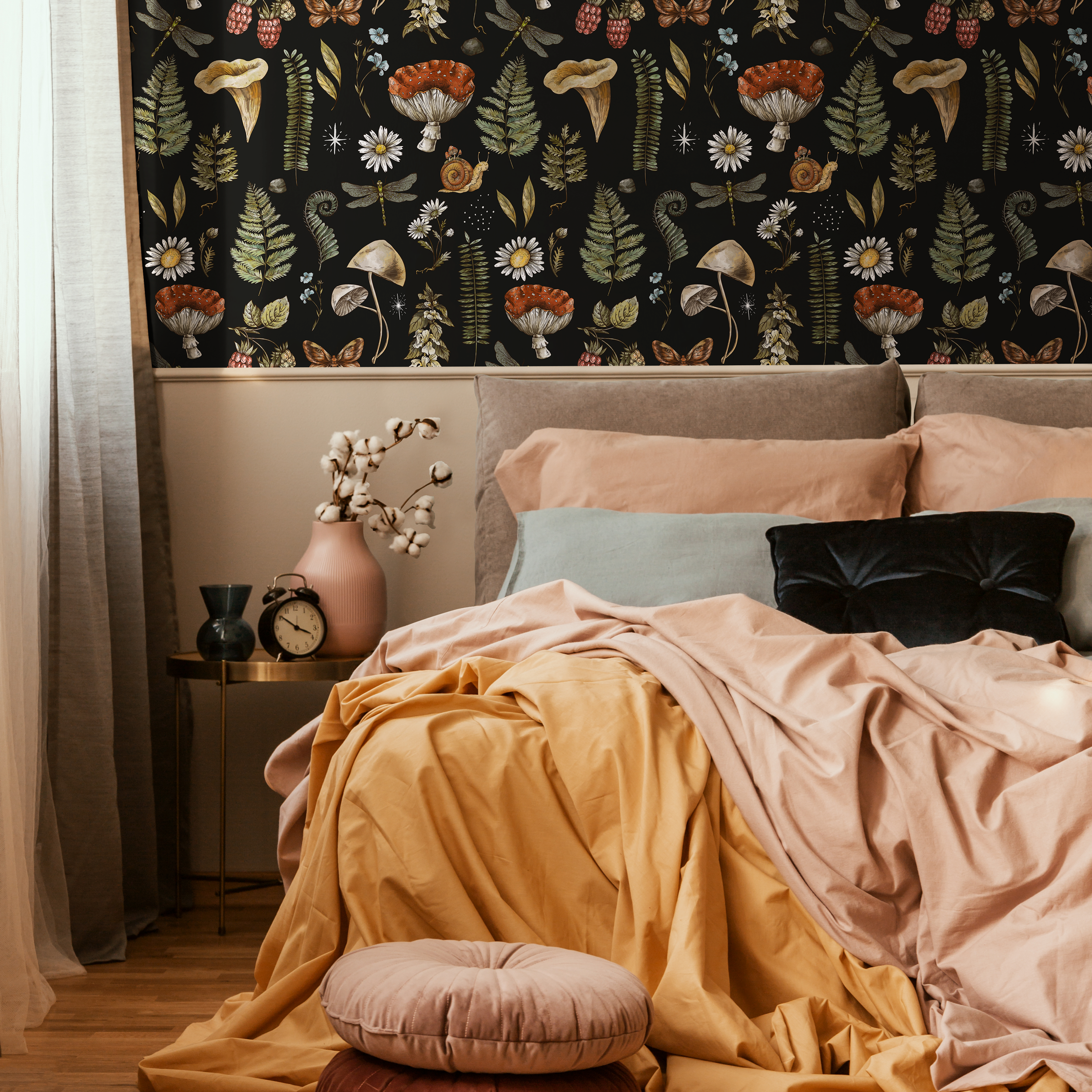 Mushroom Wallpaper With Woodland Botanicals In Black, Brown, And Green - D821