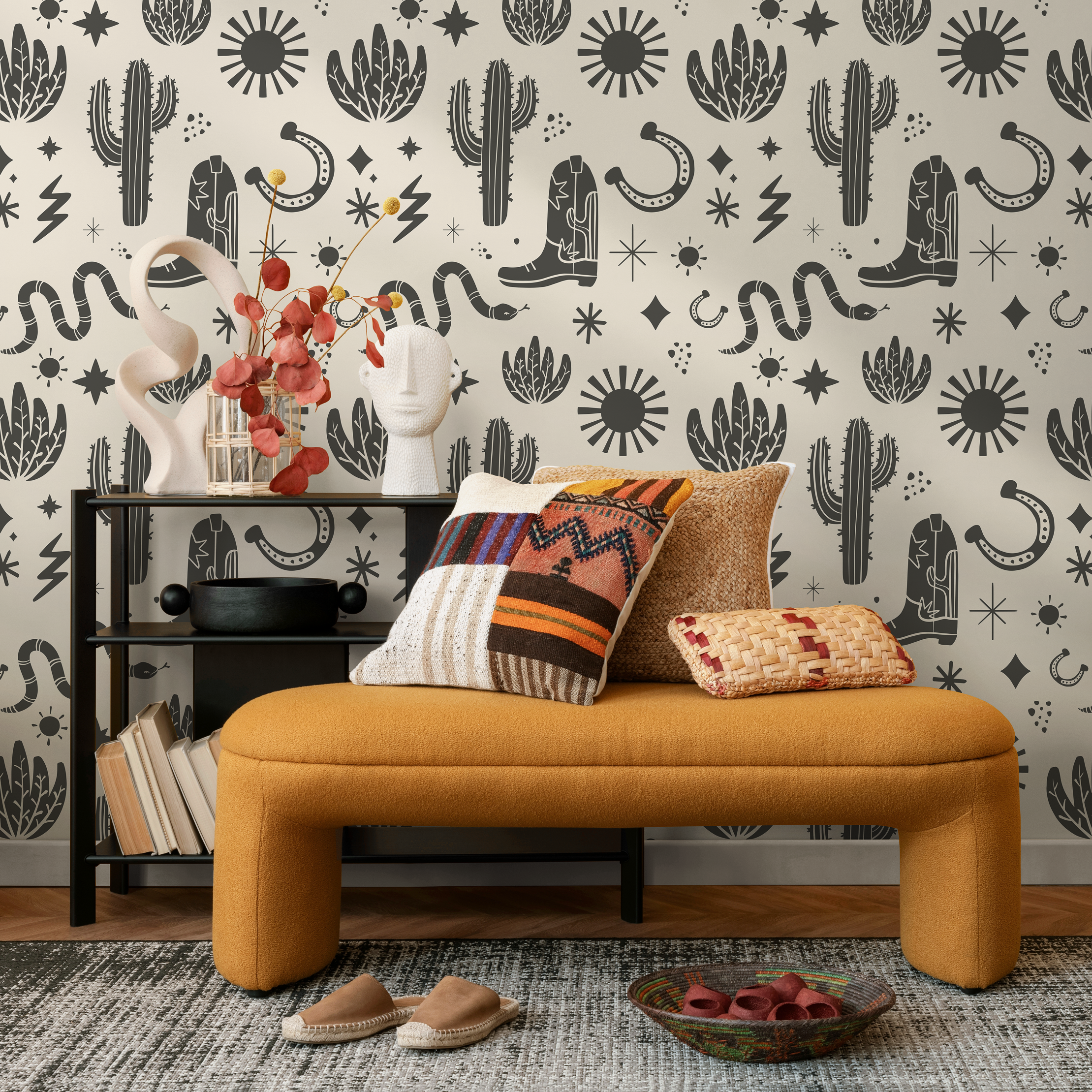 Western Wallpaper With Desert Icons In Charcoal And Beige - D826