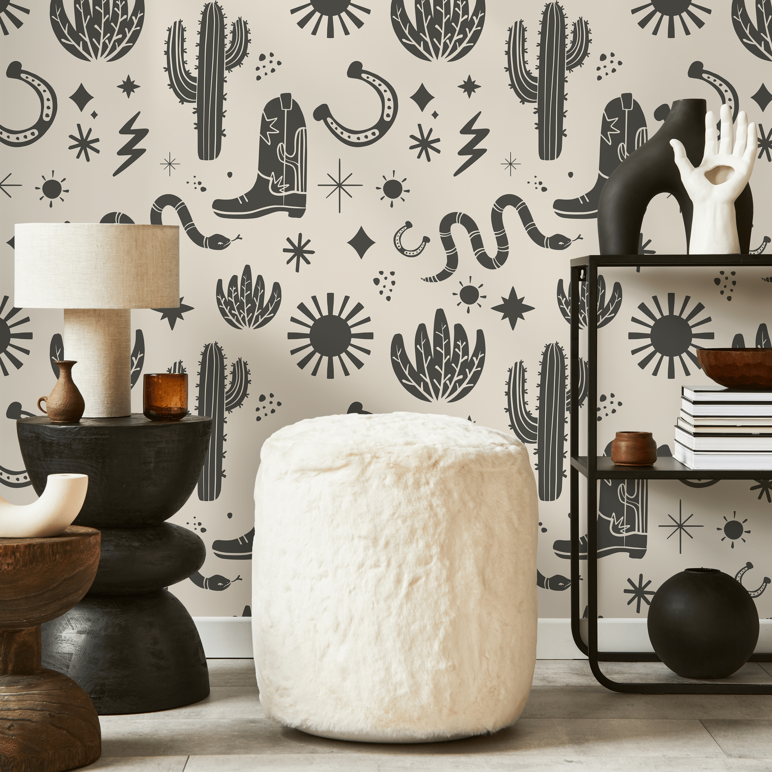 Western Wallpaper With Desert Icons In Charcoal And Beige - D826