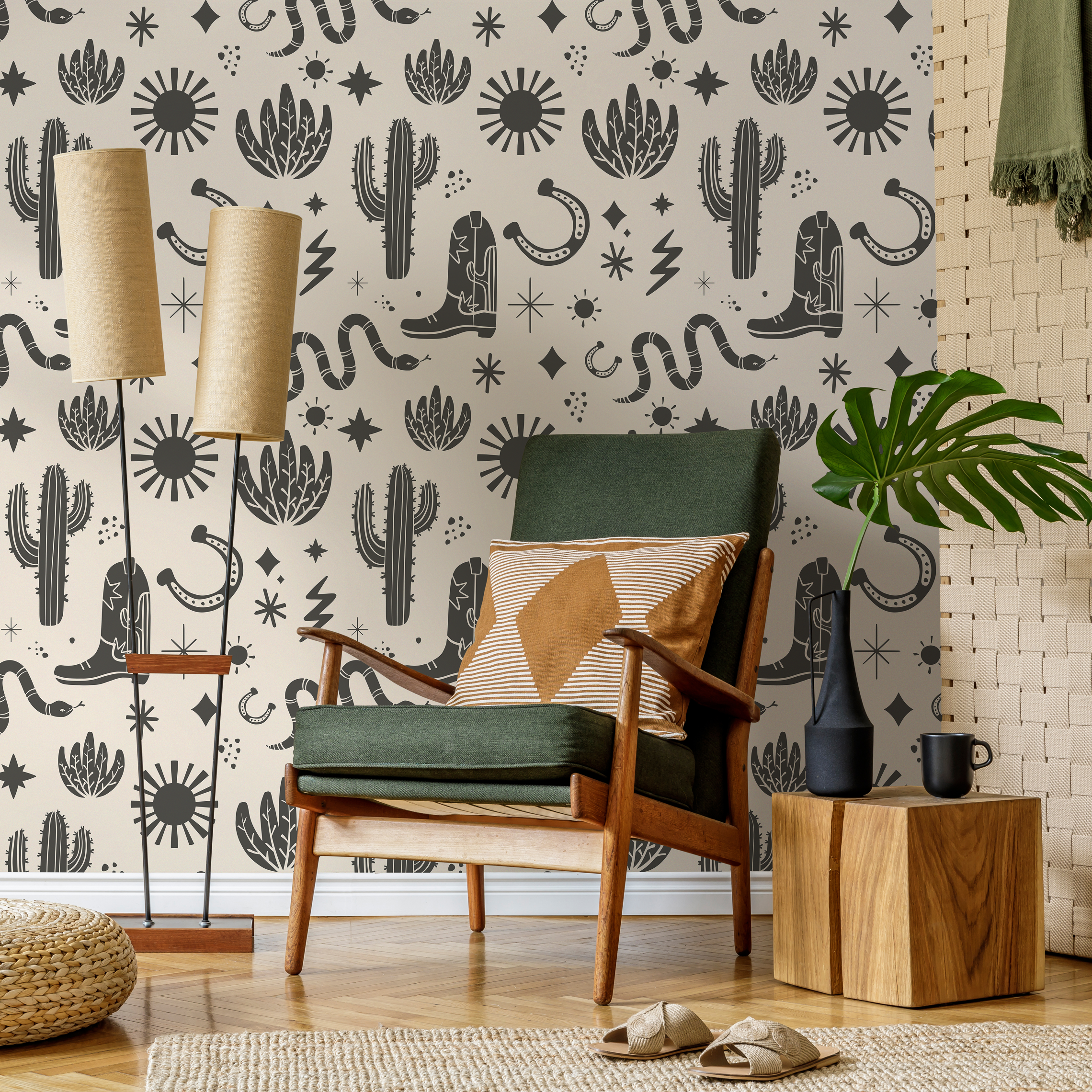 Western Wallpaper With Desert Icons In Charcoal And Beige - D826