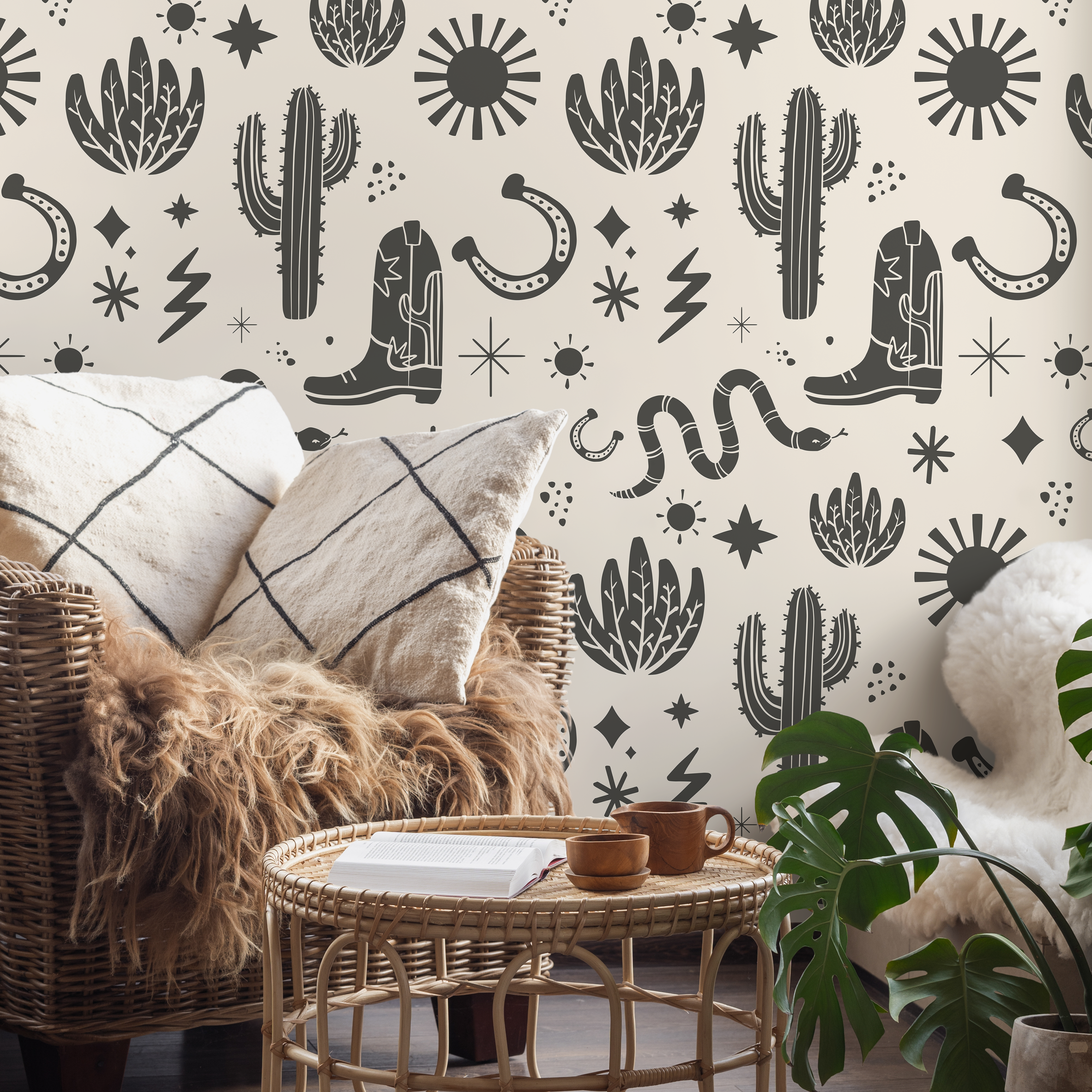 Western Wallpaper With Desert Icons In Charcoal And Beige - D826