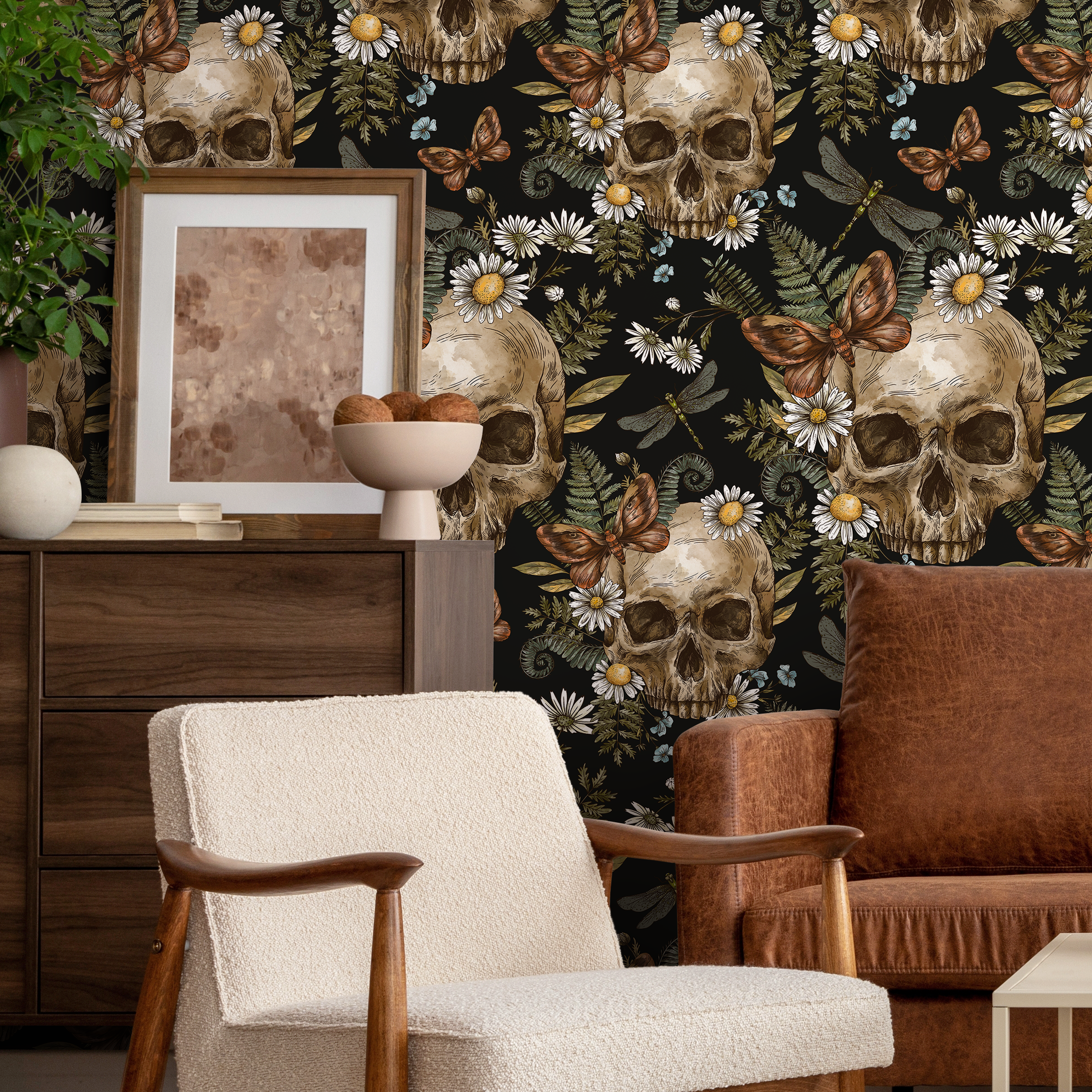 Gothic Wallpaper With Skulls, Ferns, And Daisies In Black, Green, And Brown - D829