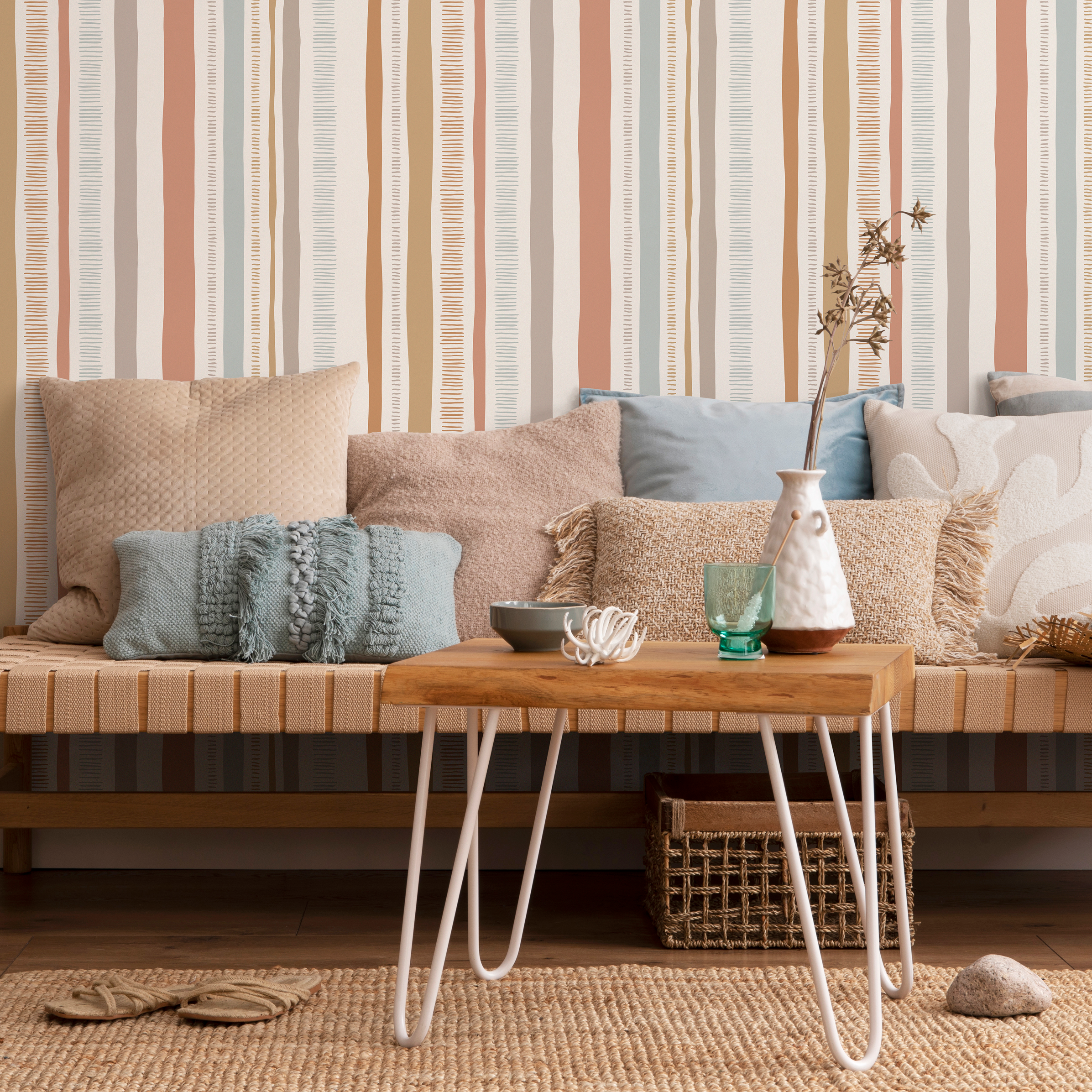 Abstract Striped Wallpaper In Pink, Blue, And Beige - D834