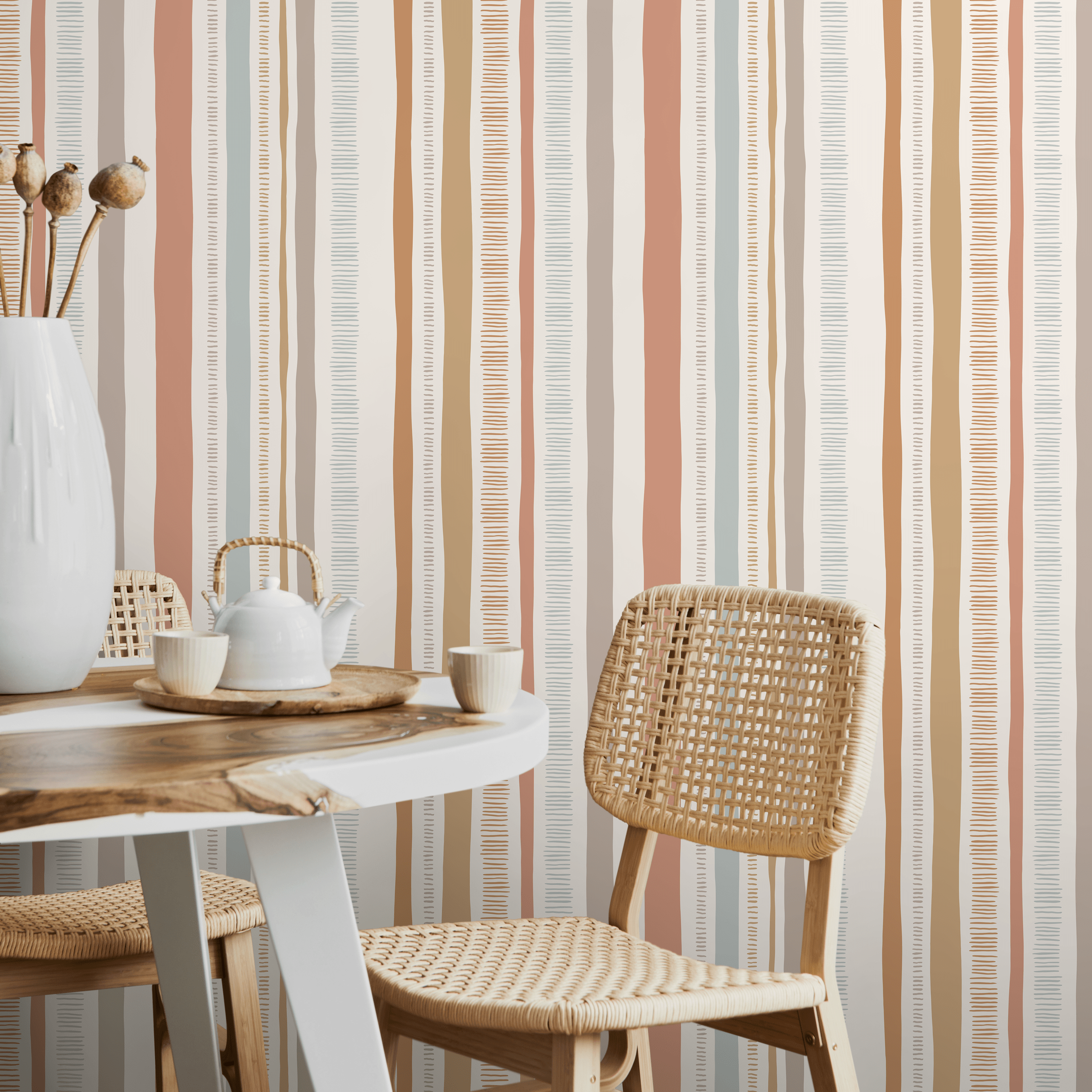 Abstract Striped Wallpaper In Pink, Blue, And Beige - D834