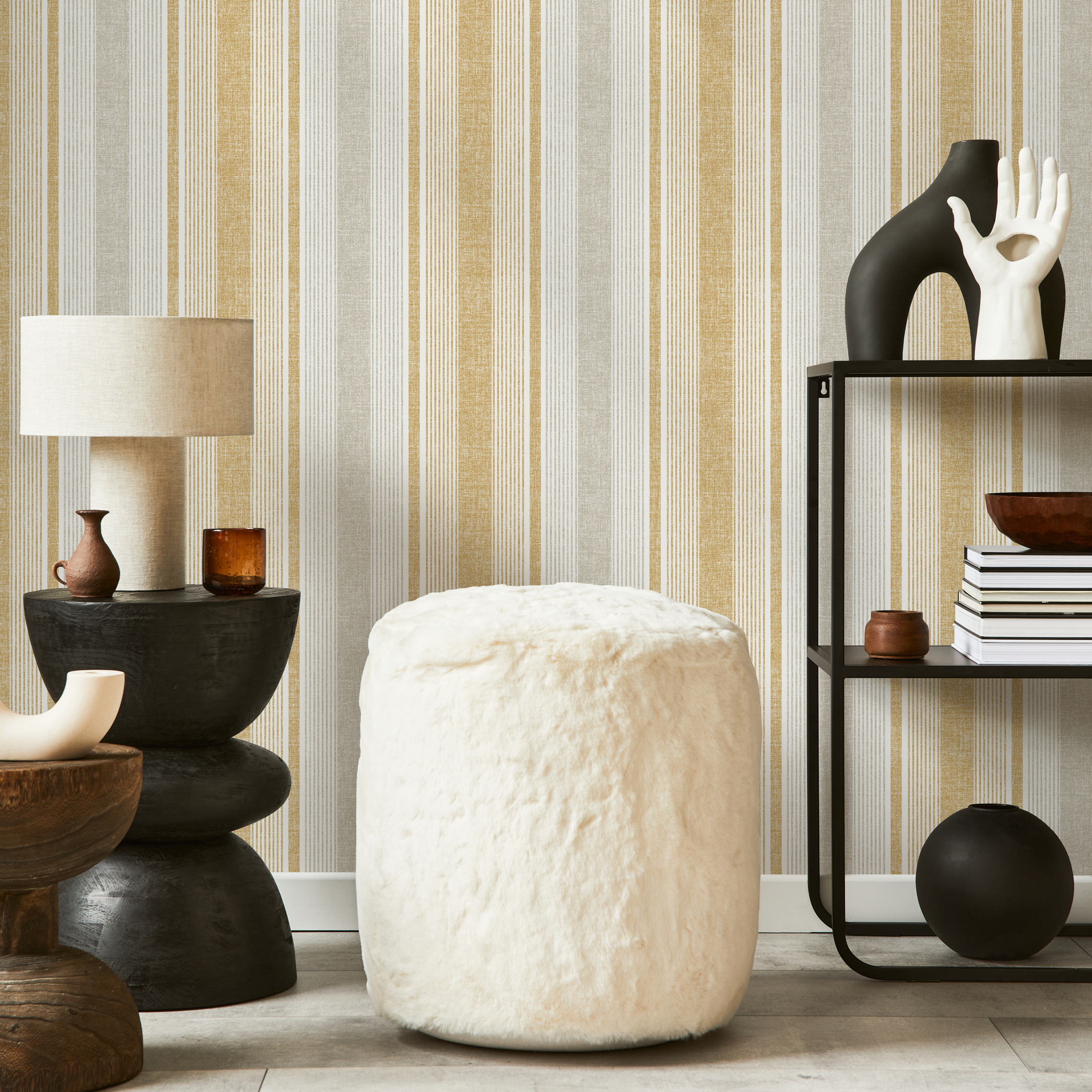 Textured Wallpaper With Vertical Stripes In Yellow, Grey, And Beige - D840