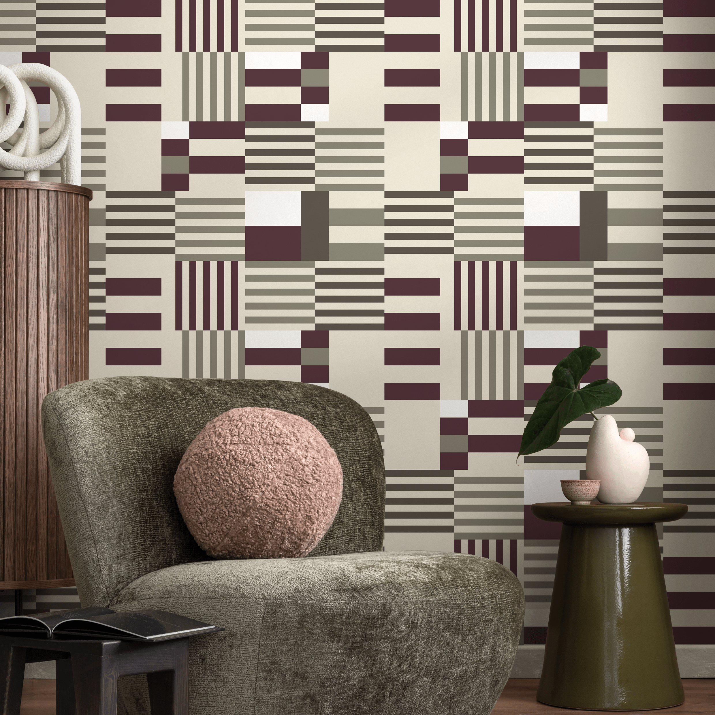 Geometric Wallpaper With A Modern Block Motif In Purple, Grey, And Beige - D846