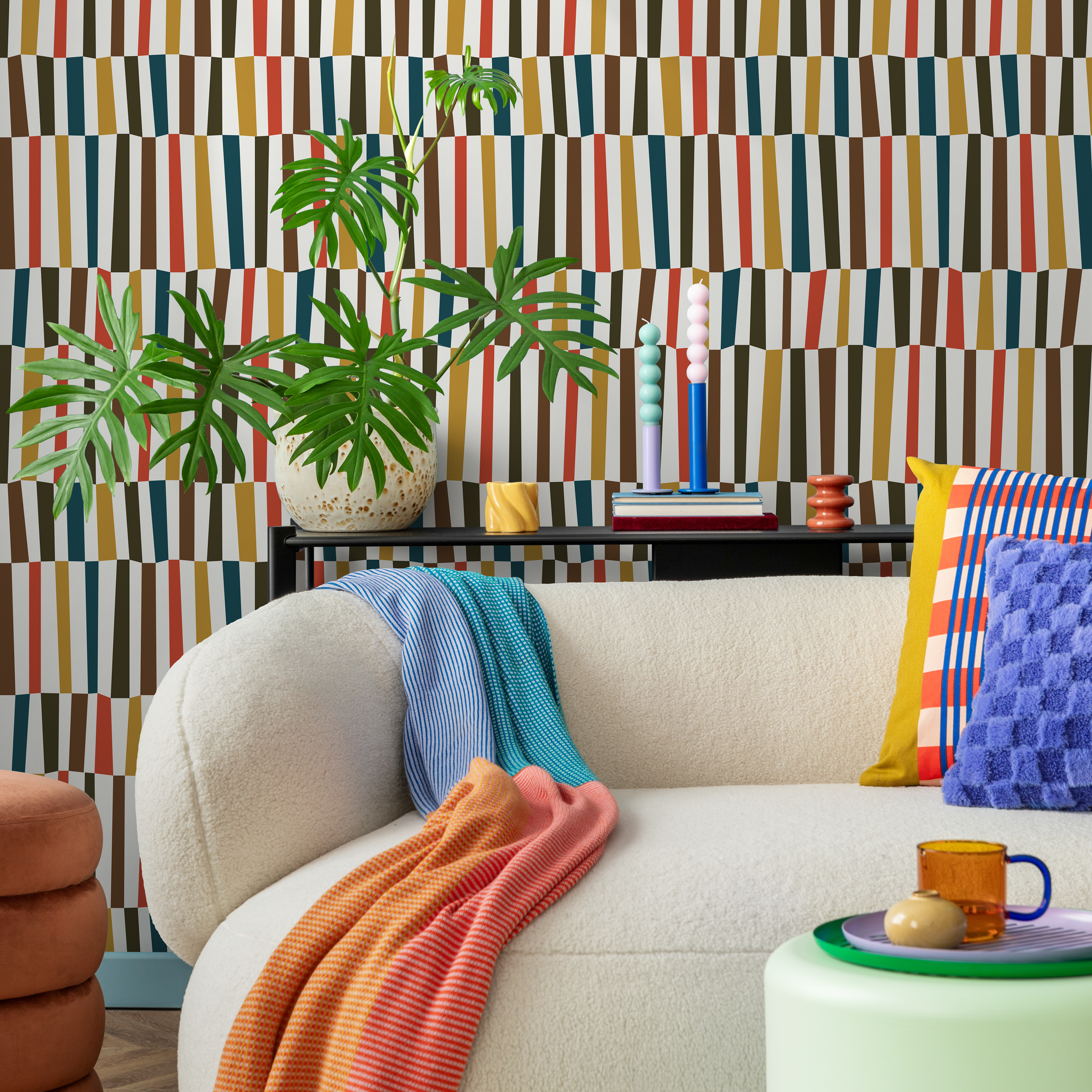 Mid Century Wallpaper With A Block Stripe Design In Teal, Mustard, And Red - D852