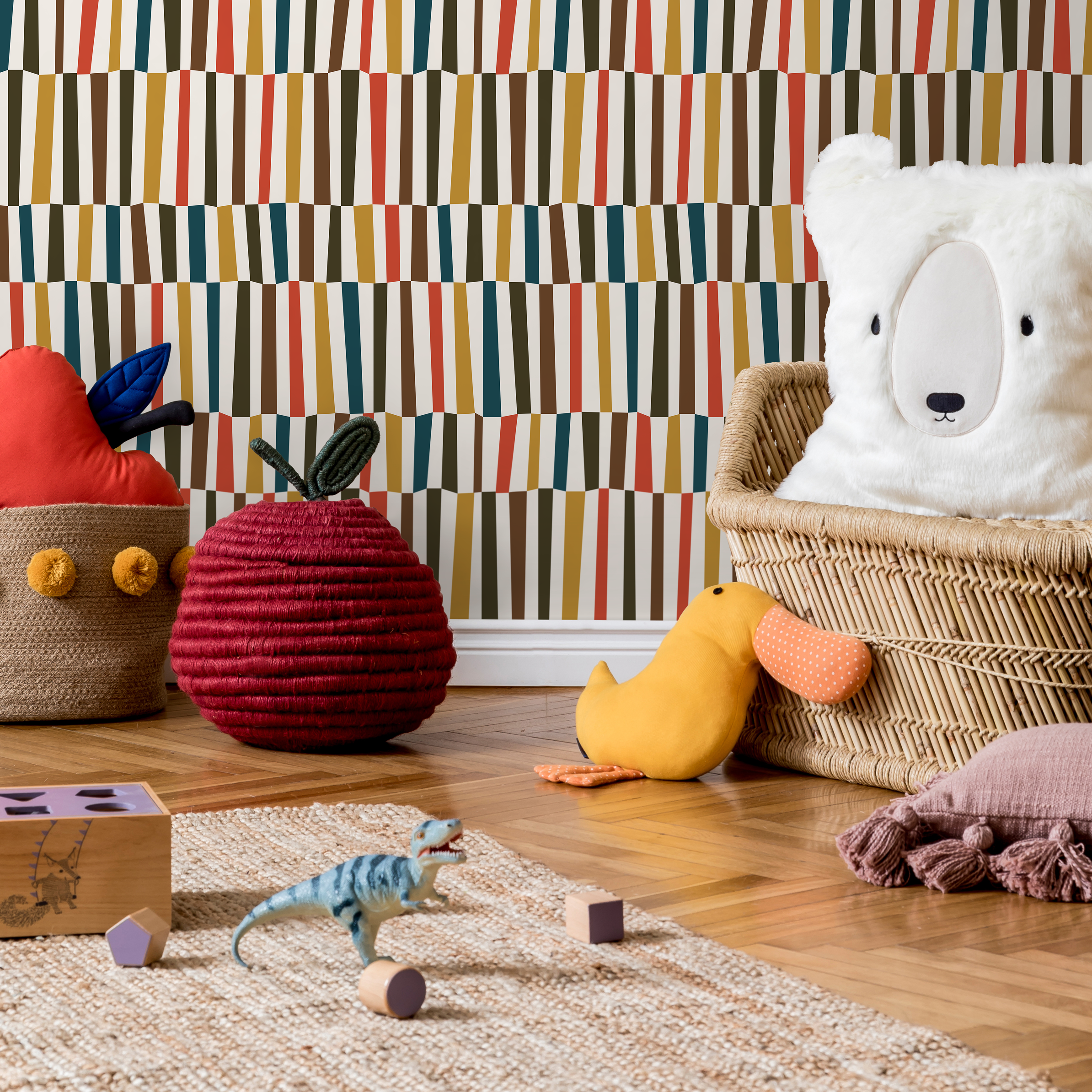 Mid Century Wallpaper With A Block Stripe Design In Teal, Mustard, And Red - D852