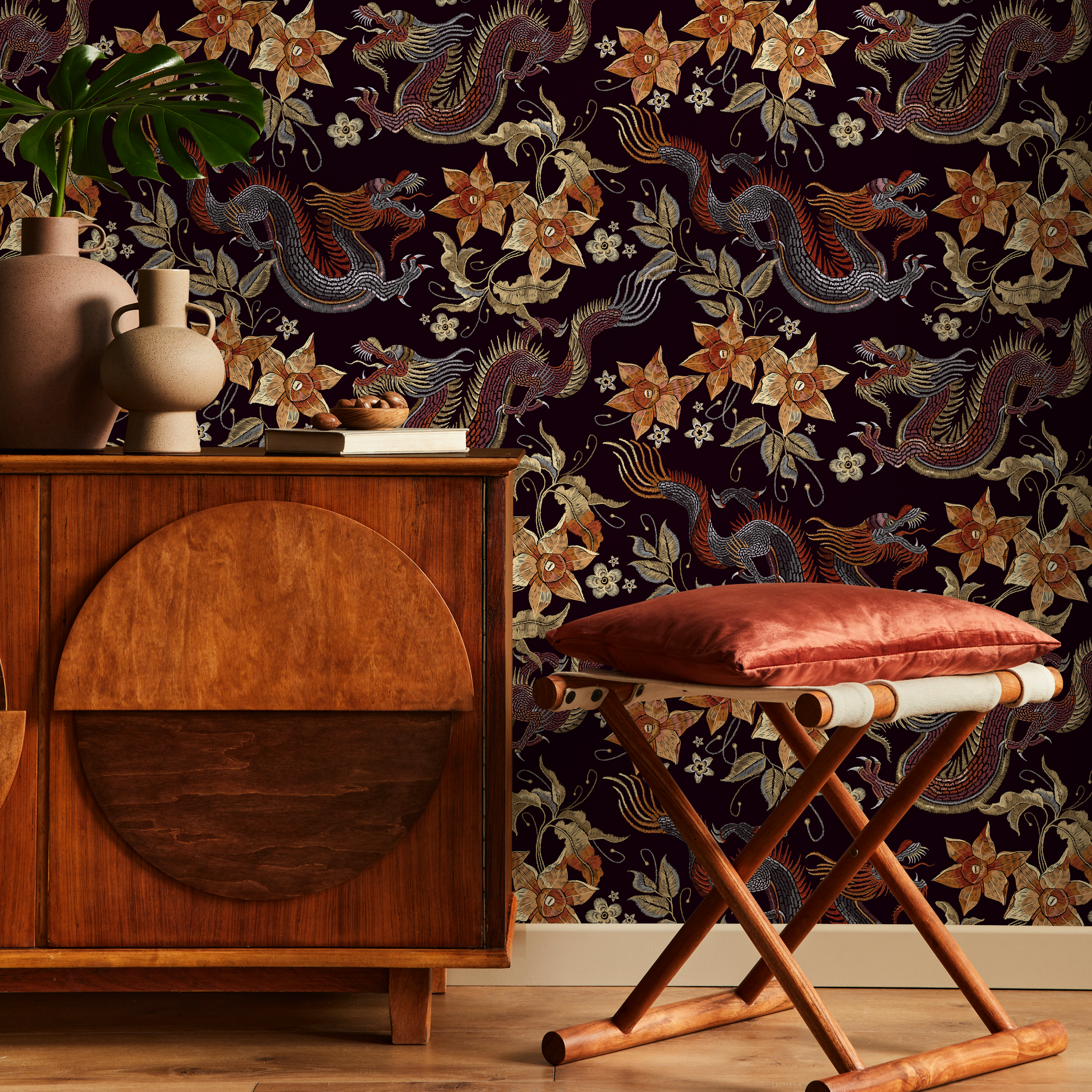 Chinoiserie Wallpaper With Dragons And Florals In Red And Orange - D874