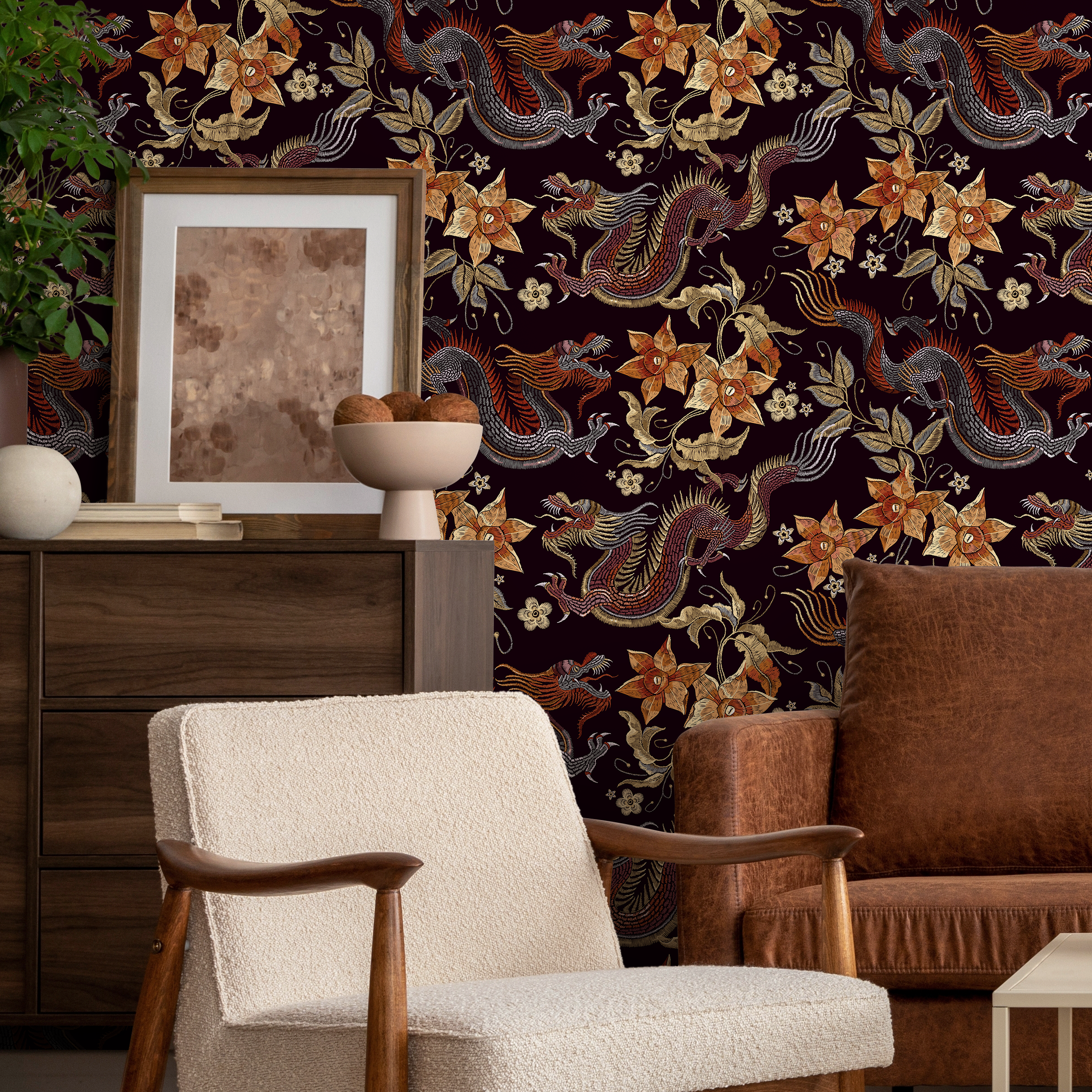 Chinoiserie Wallpaper With Dragons And Florals In Red And Orange - D874