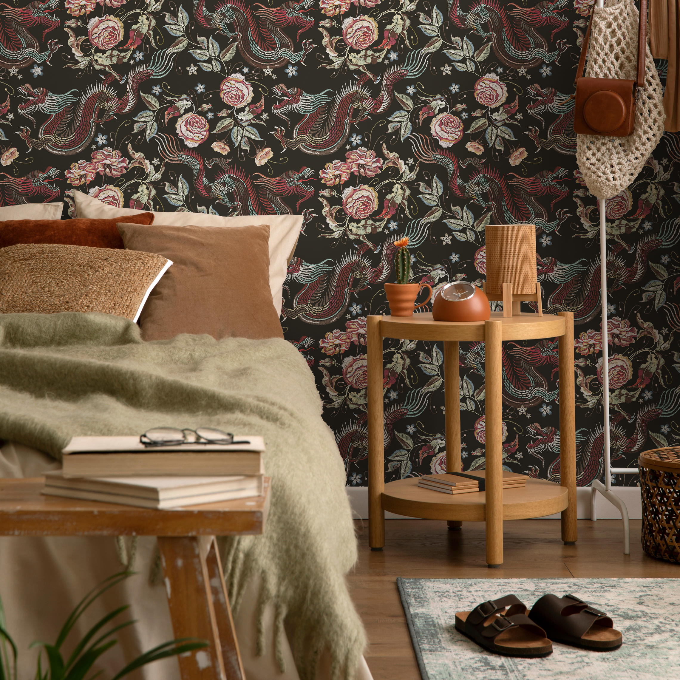 Chinoiserie Wallpaper With Dragons And Roses In Red, Pink, And Blue - D880