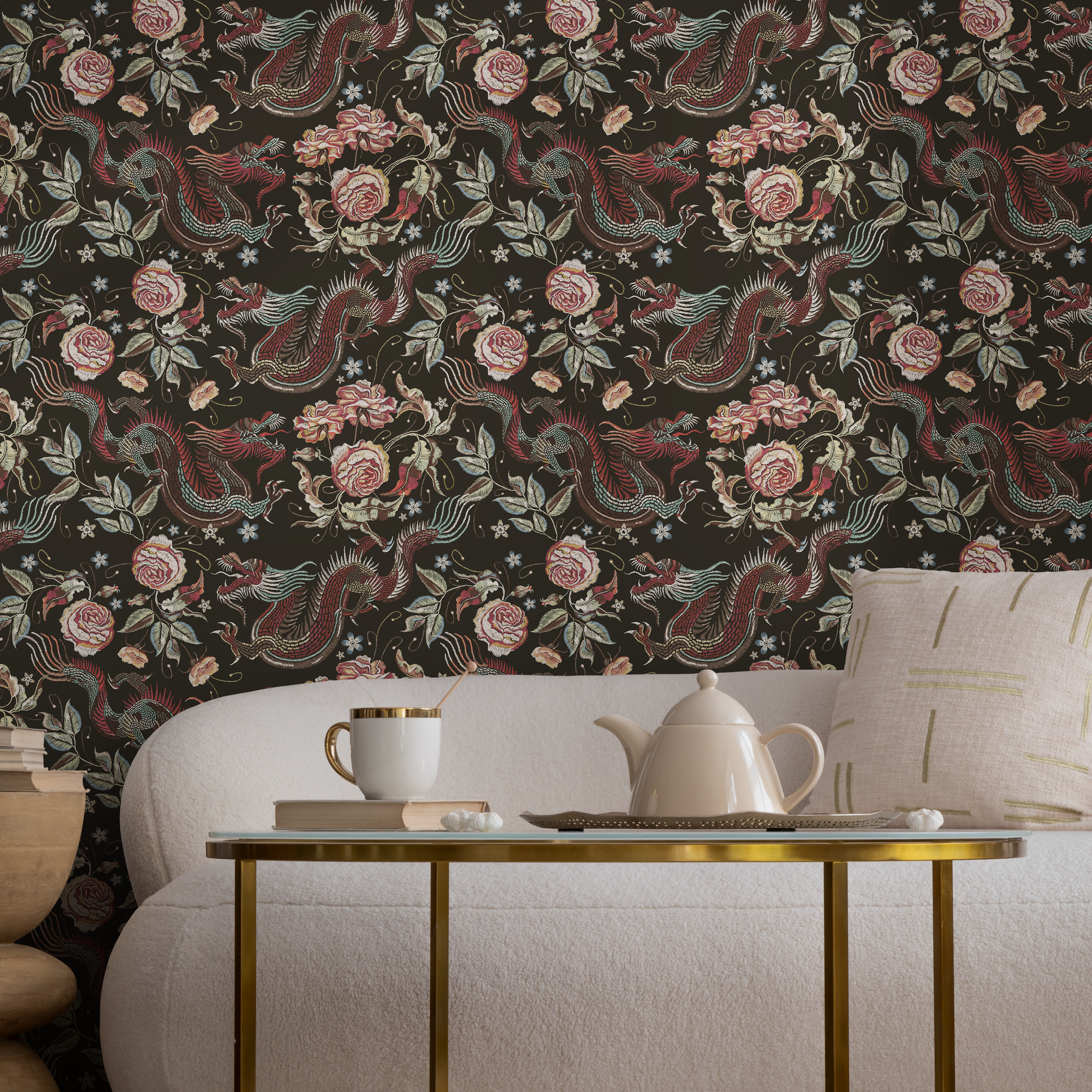 Chinoiserie Wallpaper With Dragons And Roses In Red, Pink, And Blue - D880