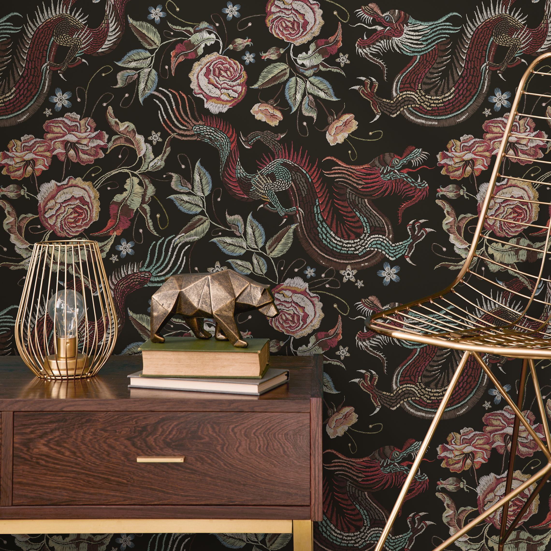 Chinoiserie Wallpaper With Dragons And Roses In Red, Pink, And Blue - D880