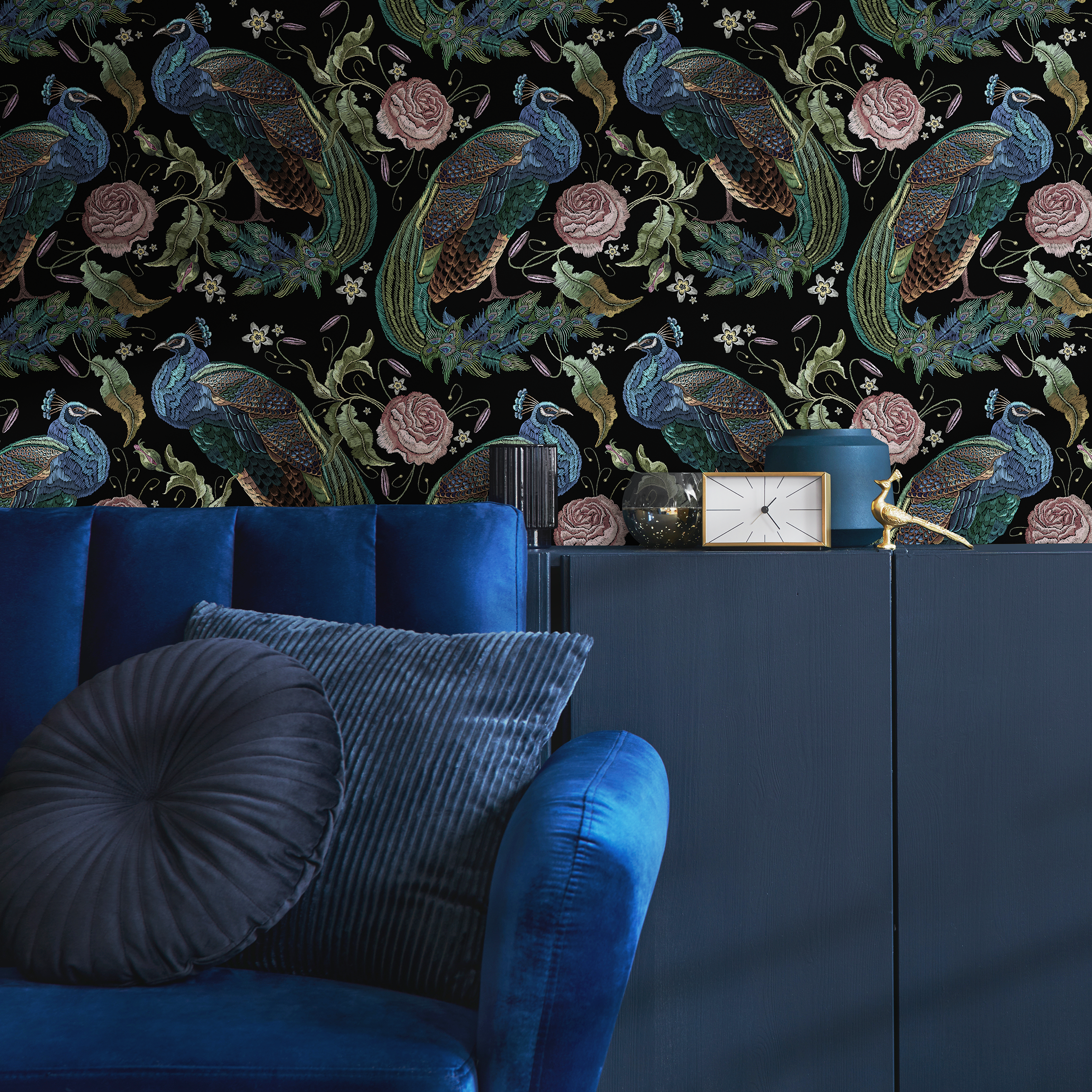 Floral Wallpaper With Embroidered Peacocks And Roses In Black, Blue, And Pink - D884