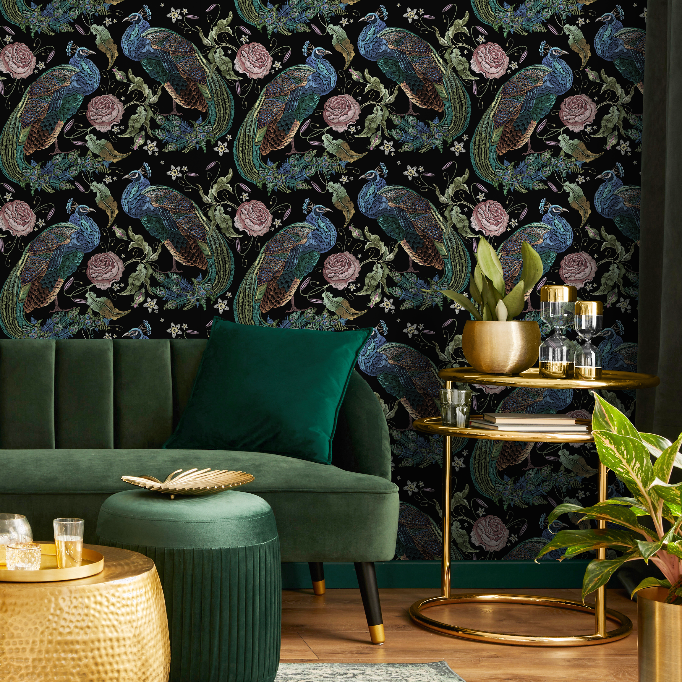 Floral Wallpaper With Embroidered Peacocks And Roses In Black, Blue, And Pink - D884