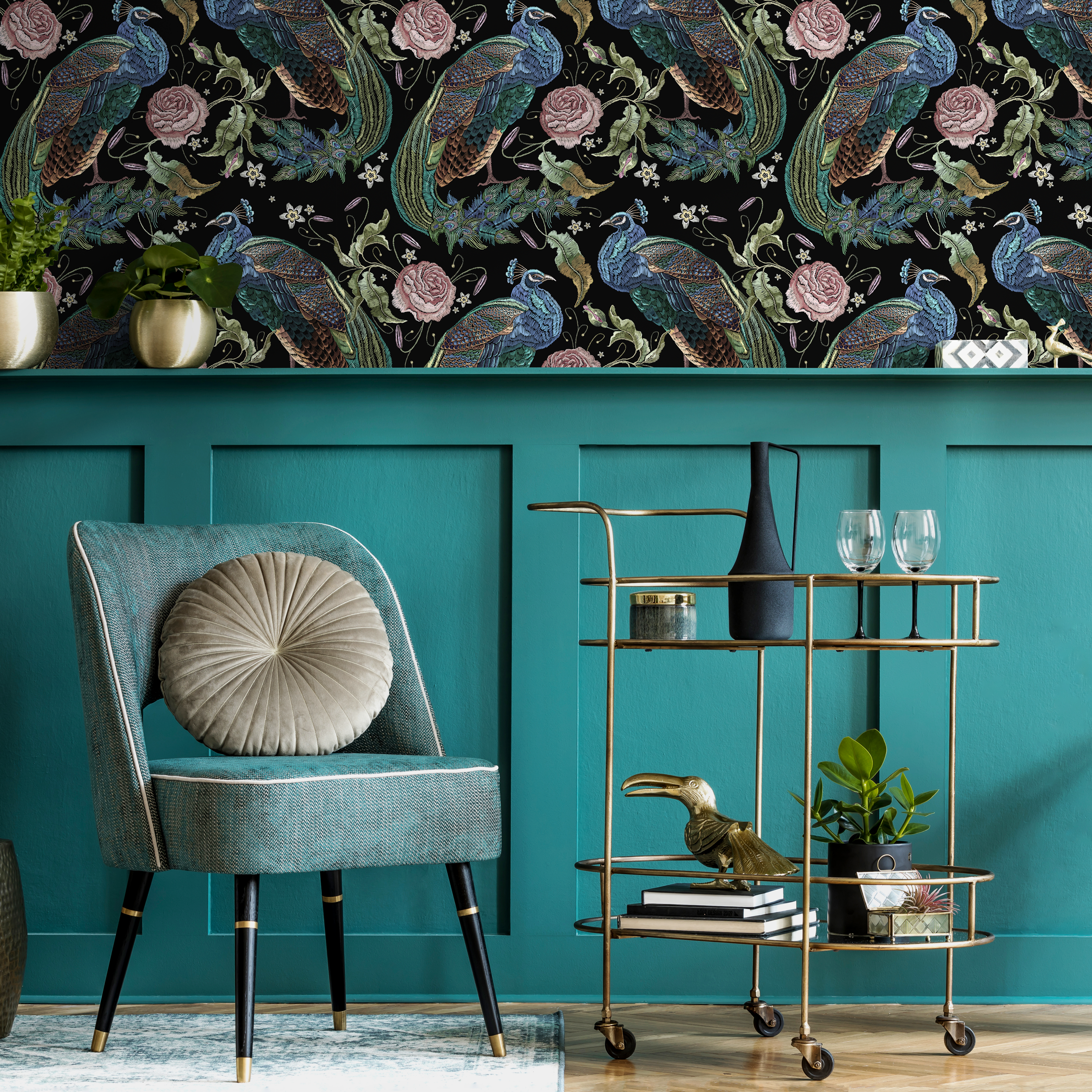 Floral Wallpaper With Embroidered Peacocks And Roses In Black, Blue, And Pink - D884