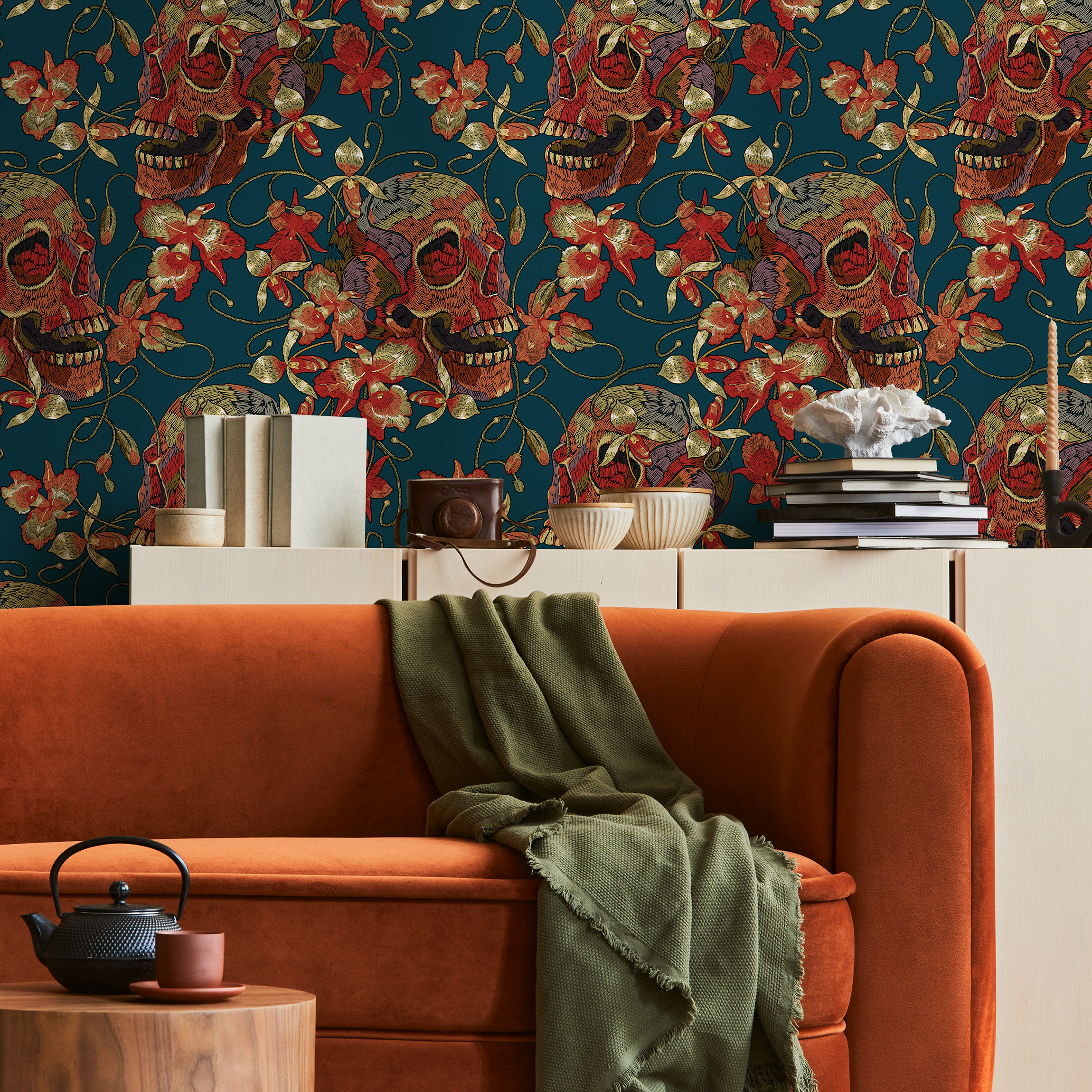 Gothic Wallpaper With Embroidered Skulls And Florals In Teal, Red, And Gold - D895