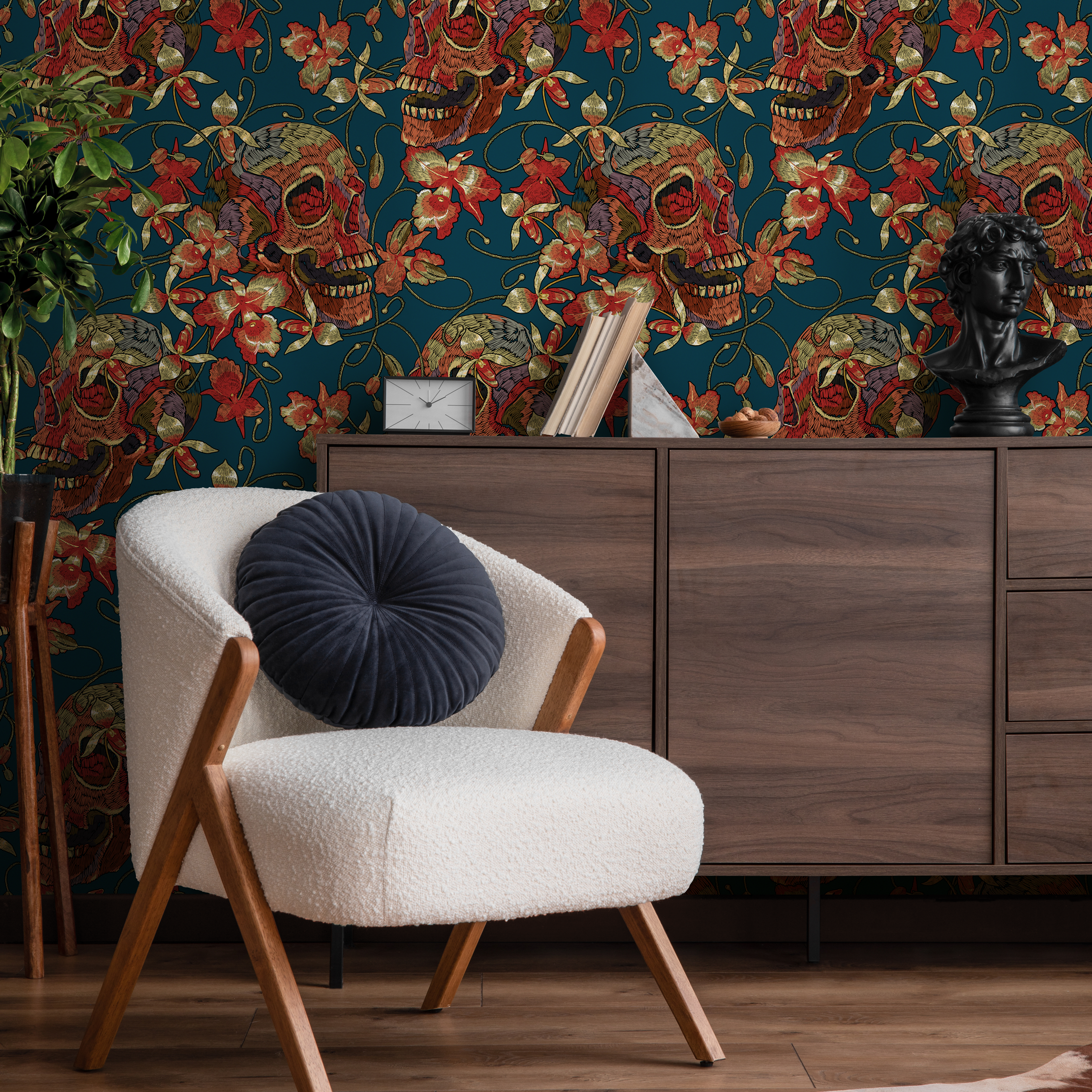 Gothic Wallpaper With Embroidered Skulls And Florals In Teal, Red, And Gold - D895