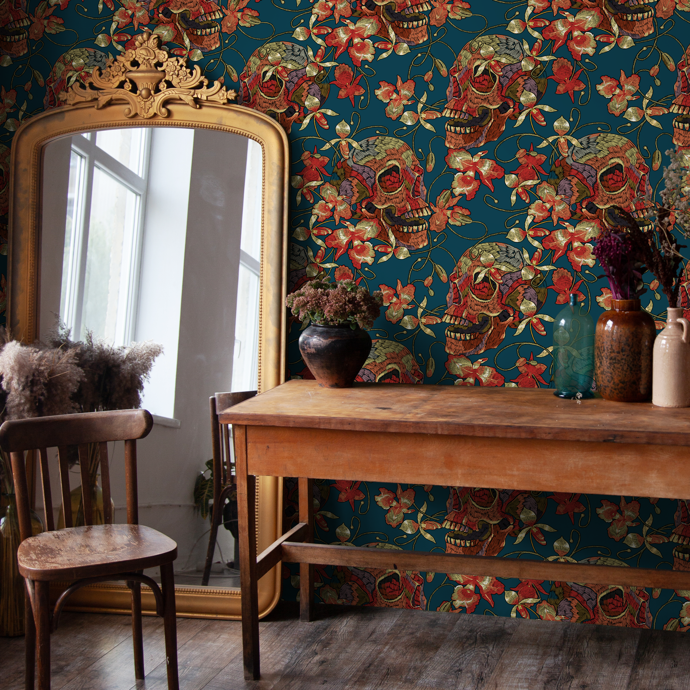 Gothic Wallpaper With Embroidered Skulls And Florals In Teal, Red, And Gold - D895