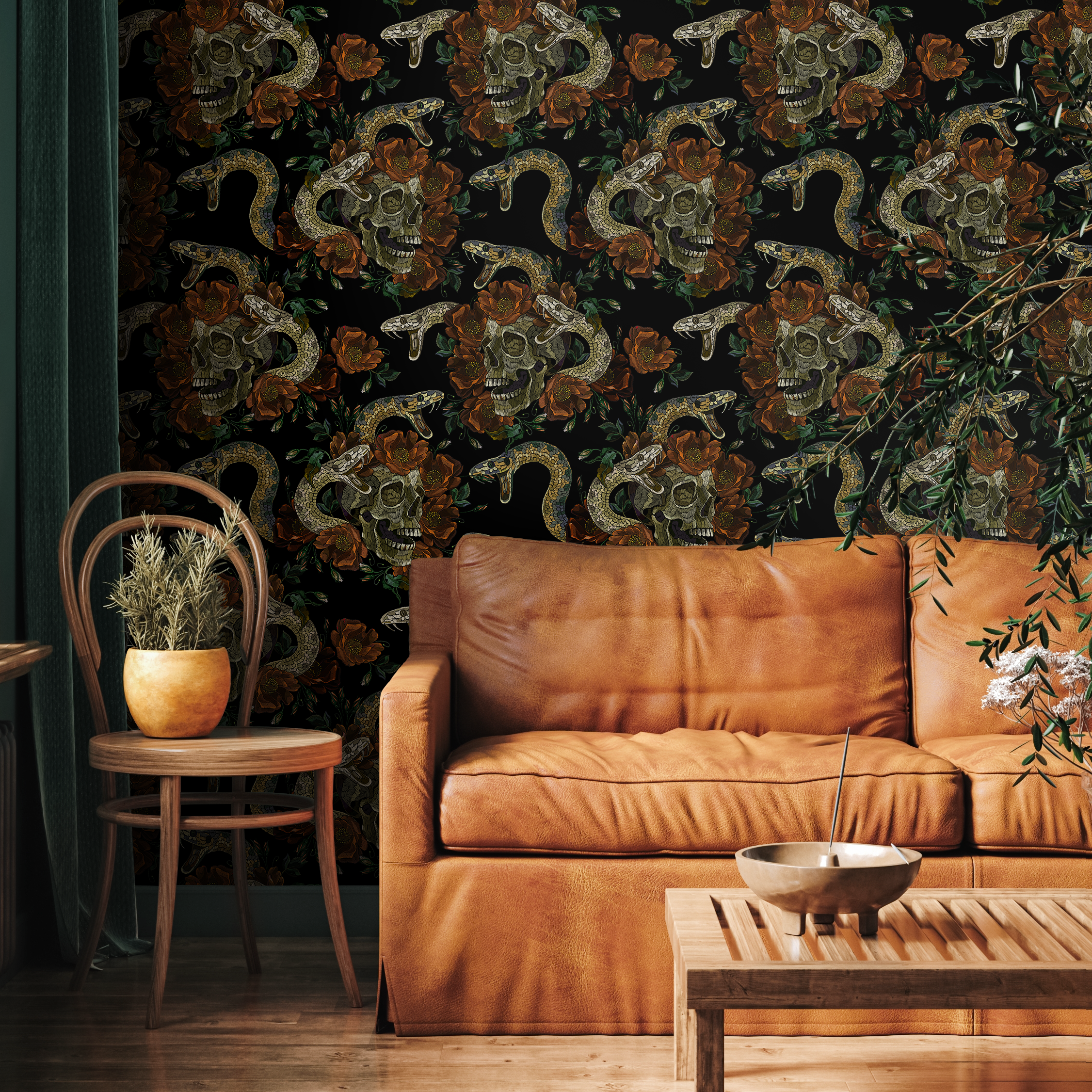 Gothic Floral Wallpaper With Skulls And Snakes In Black, Orange, And Green - D901