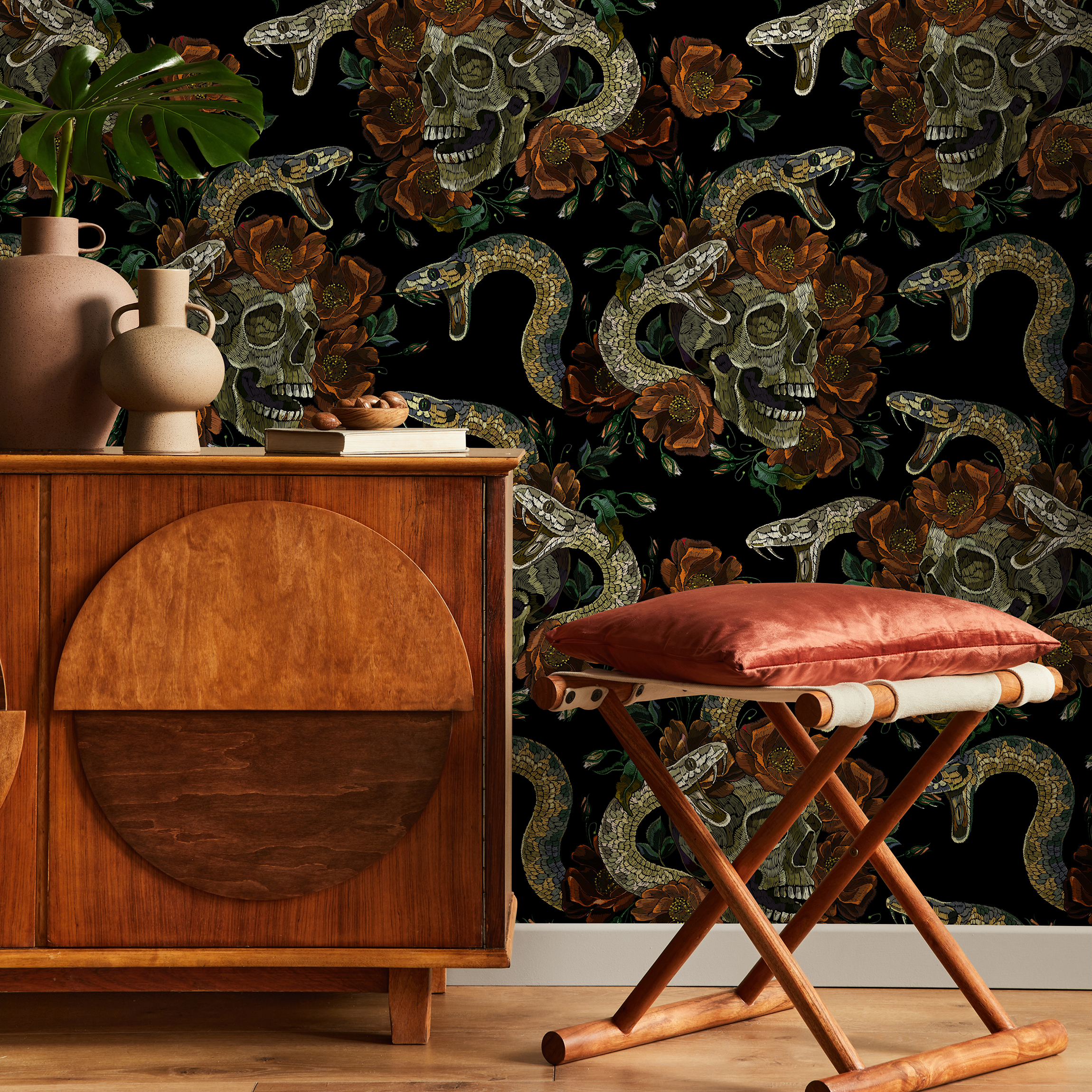 Gothic Floral Wallpaper With Skulls And Snakes In Black, Orange, And Green - D901